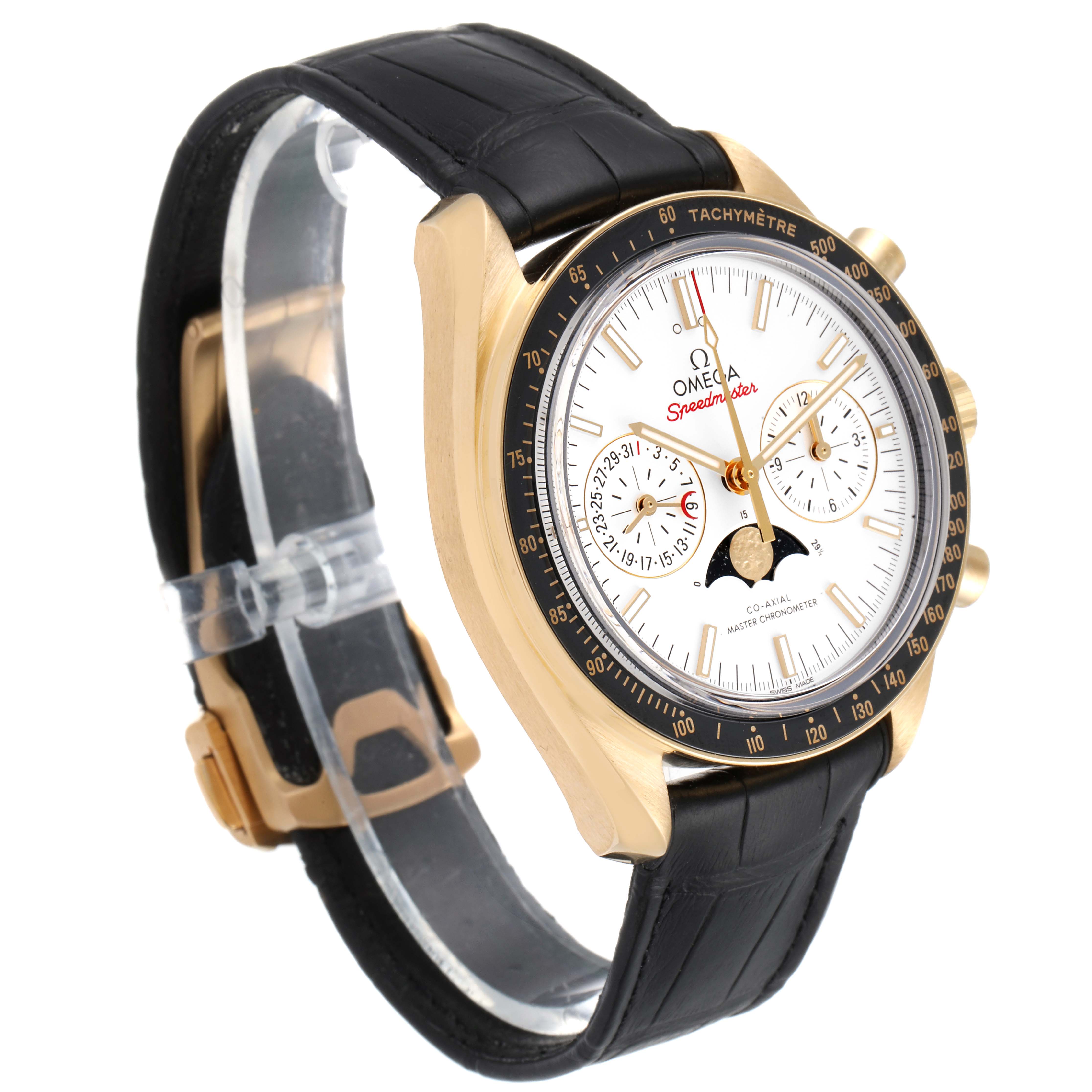 This angled view of the Omega Speedmaster 304.63.44.52.02.001  Men's Yellow Gold Silver Dial 304.63.44.52.02.001  Men's Yellow Gold Silver Dial watch shows the face, bezel, crown, and leather strap.