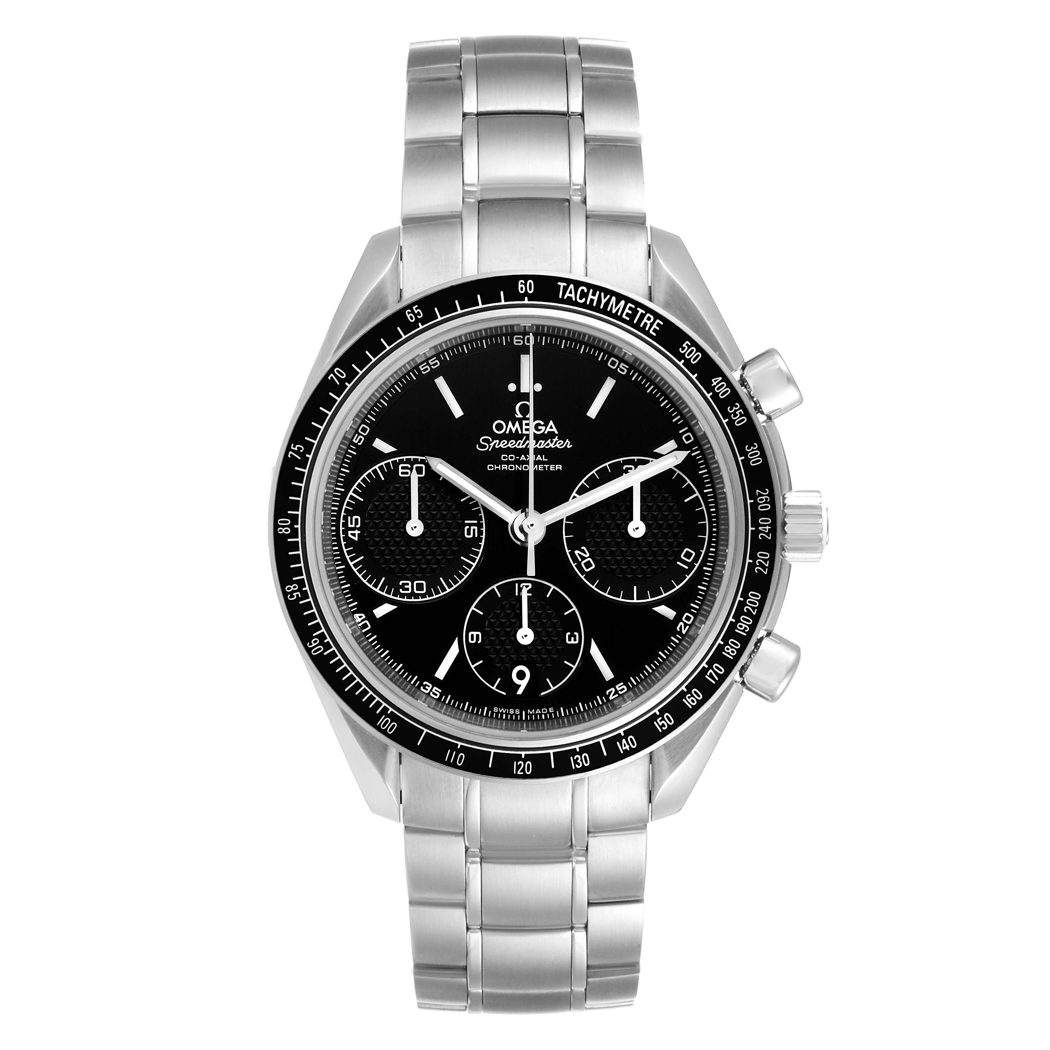 This Omega Speedmaster 326.30.40.50.01.001 Men
s Stainless Steel Black Dial 326.30.40.50.01.001 Men
s Stainless Steel Black Dial watch is shown from a front angle, highlighting its face, bezel, and metal bracelet.