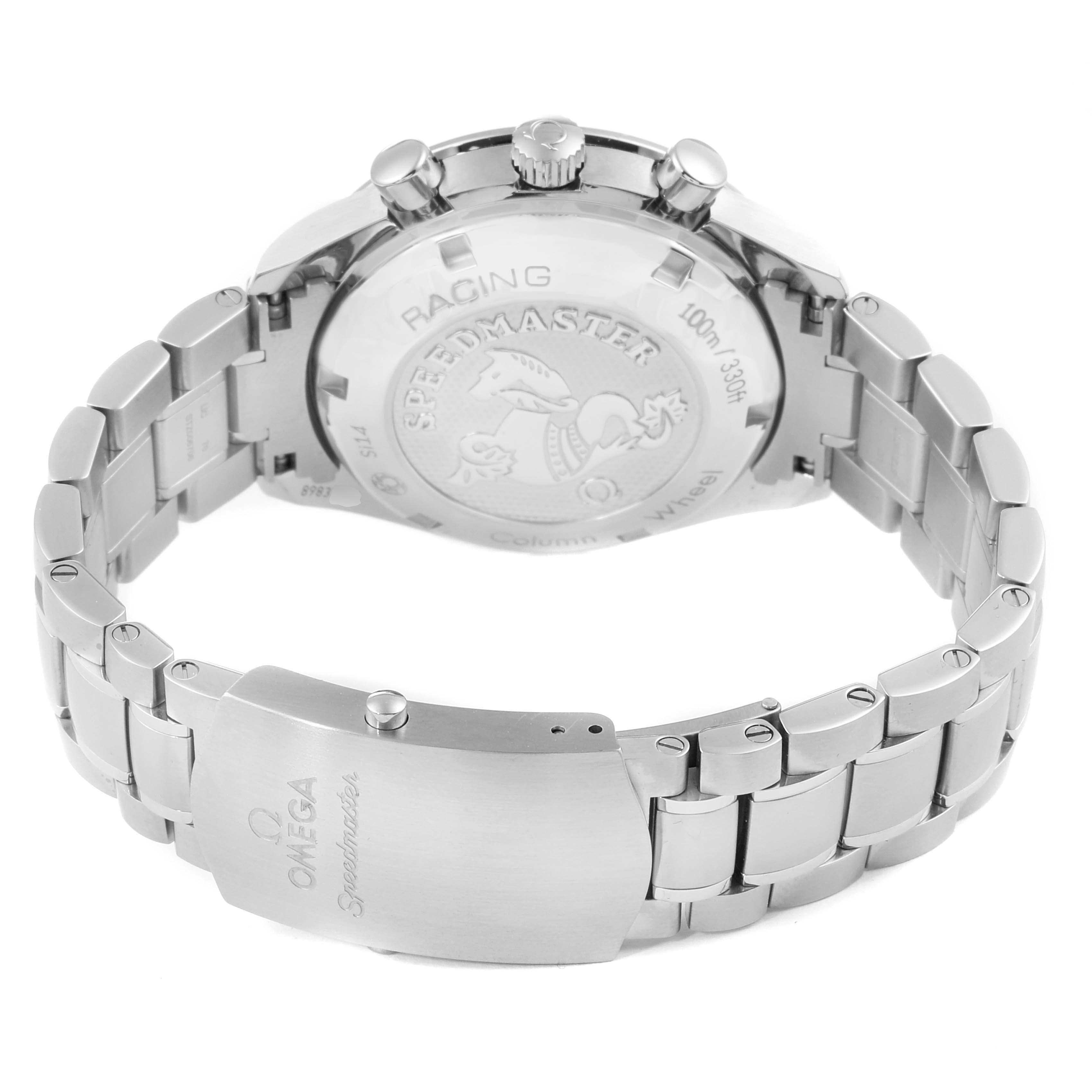 The image shows the back and bracelet of an Omega Speedmaster 326.30.40.50.01.001 Men
s Stainless Steel Black Dial 326.30.40.50.01.001 Men
s Stainless Steel Black Dial watch, highlighting its metal clasp and engraved case back.