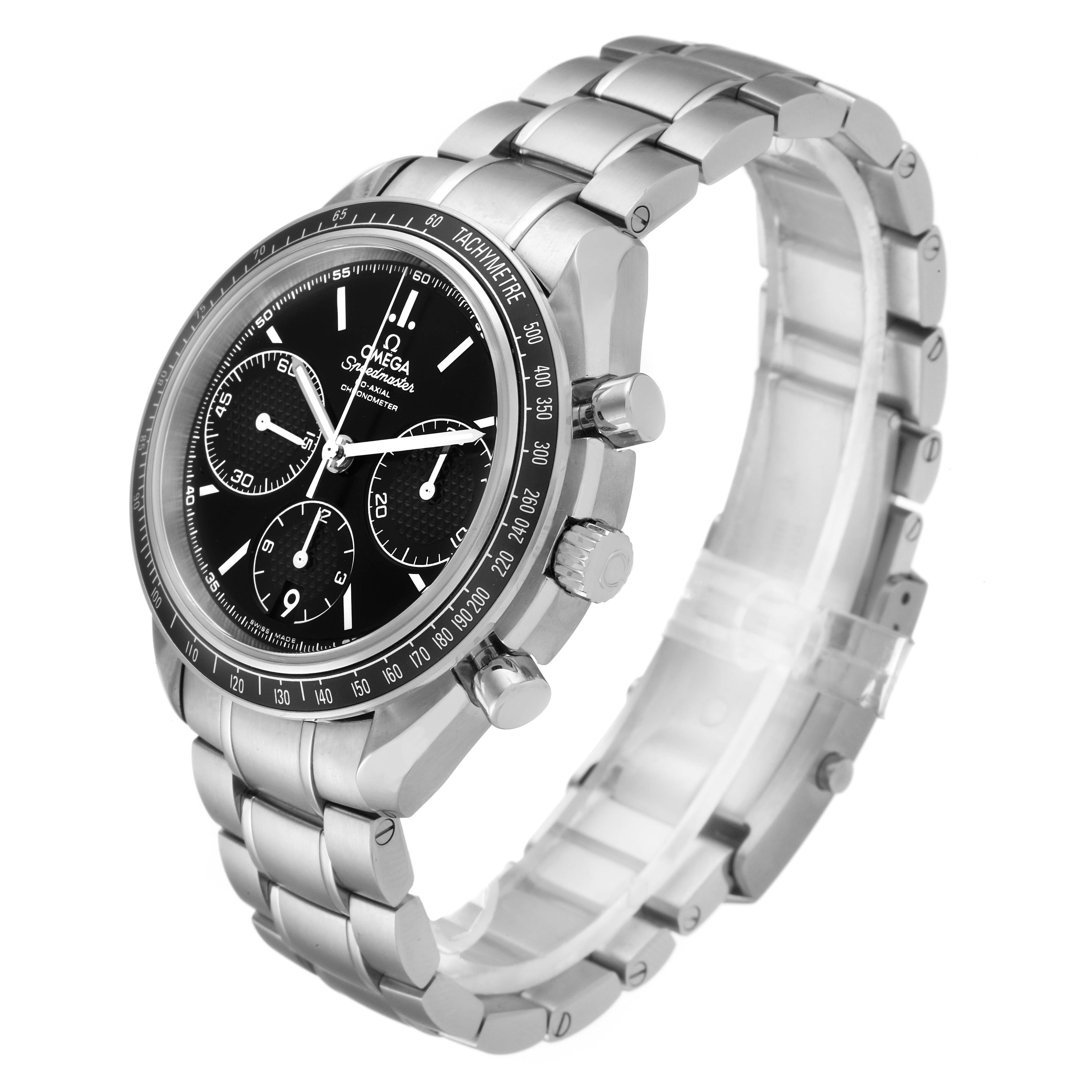 The Omega Speedmaster 326.30.40.50.01.001 Men
s Stainless Steel Black Dial 326.30.40.50.01.001 Men
s Stainless Steel Black Dial watch is shown at a three-quarter angle, highlighting the face, bezel, and bracelet.