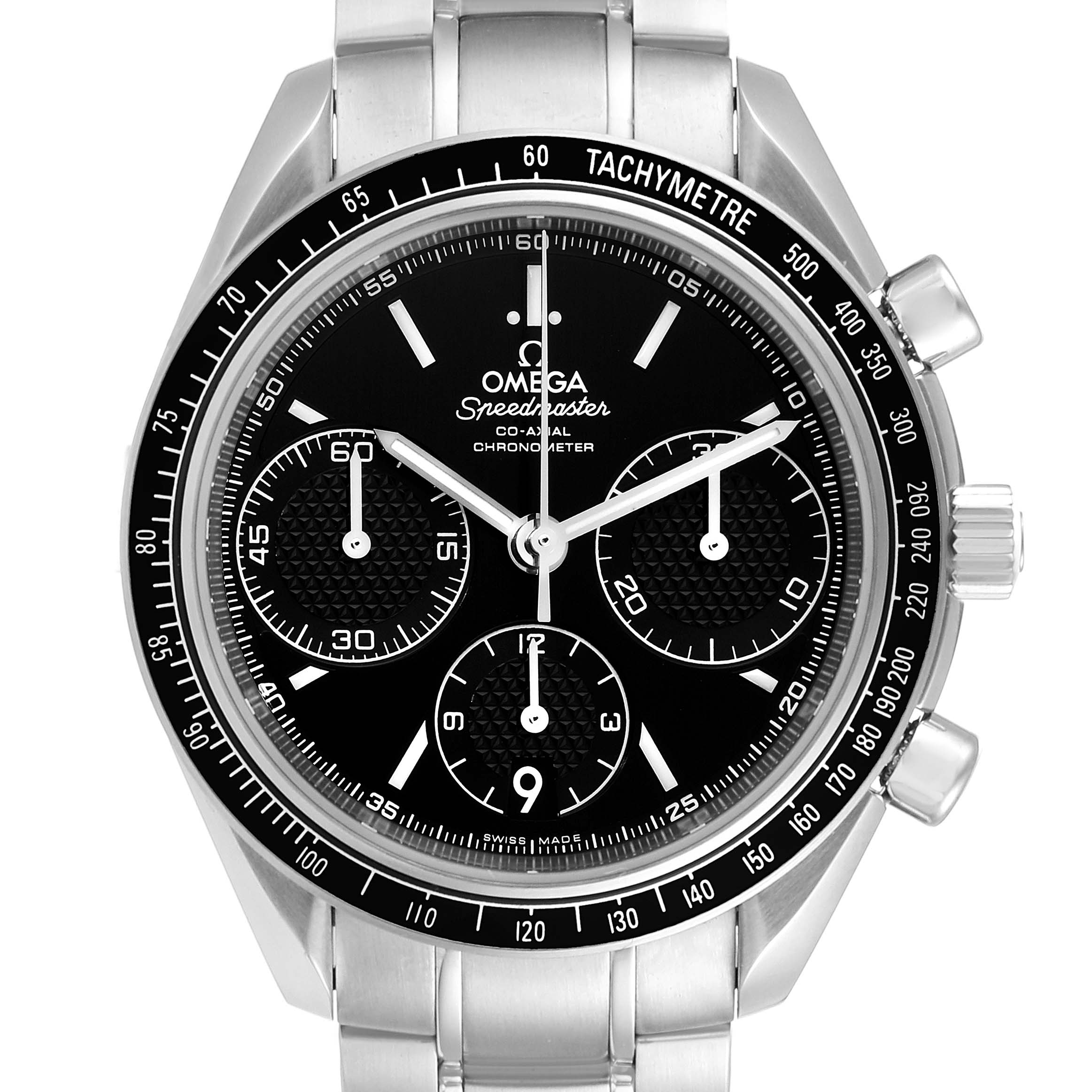The image shows a front view of the Omega Speedmaster 326.30.40.50.01.001 Men
s Stainless Steel Black Dial 326.30.40.50.01.001 Men
s Stainless Steel Black Dial watch, highlighting the dial, tachymeter bezel, and chronograph subdials.