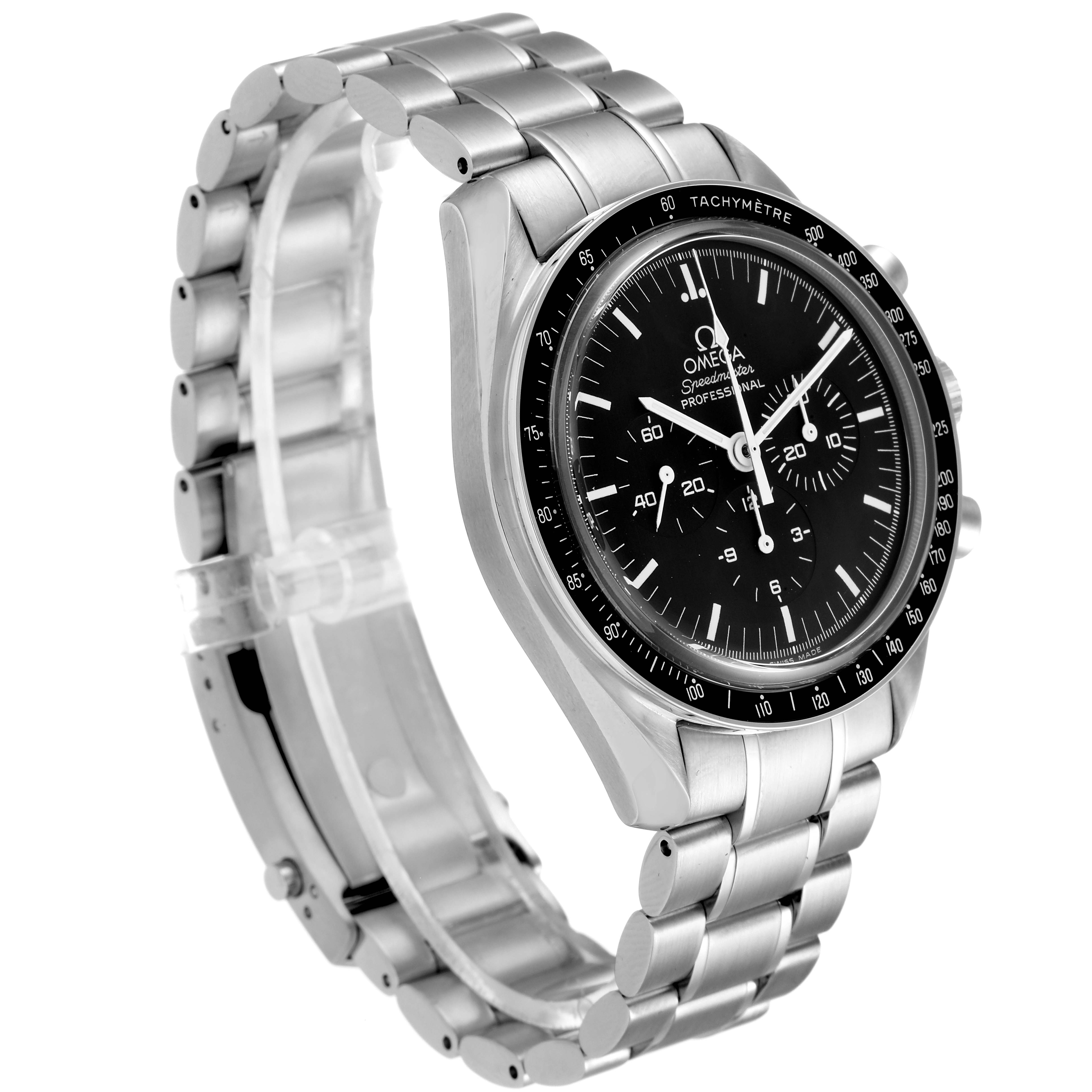 This image shows an Omega Speedmaster 3573.50.00 Men's Stainless Steel Black Dial 3573.50.00 Men's Stainless Steel Black Dial watch at a three-quarter angle, displaying its face, bezel, and metal bracelet.