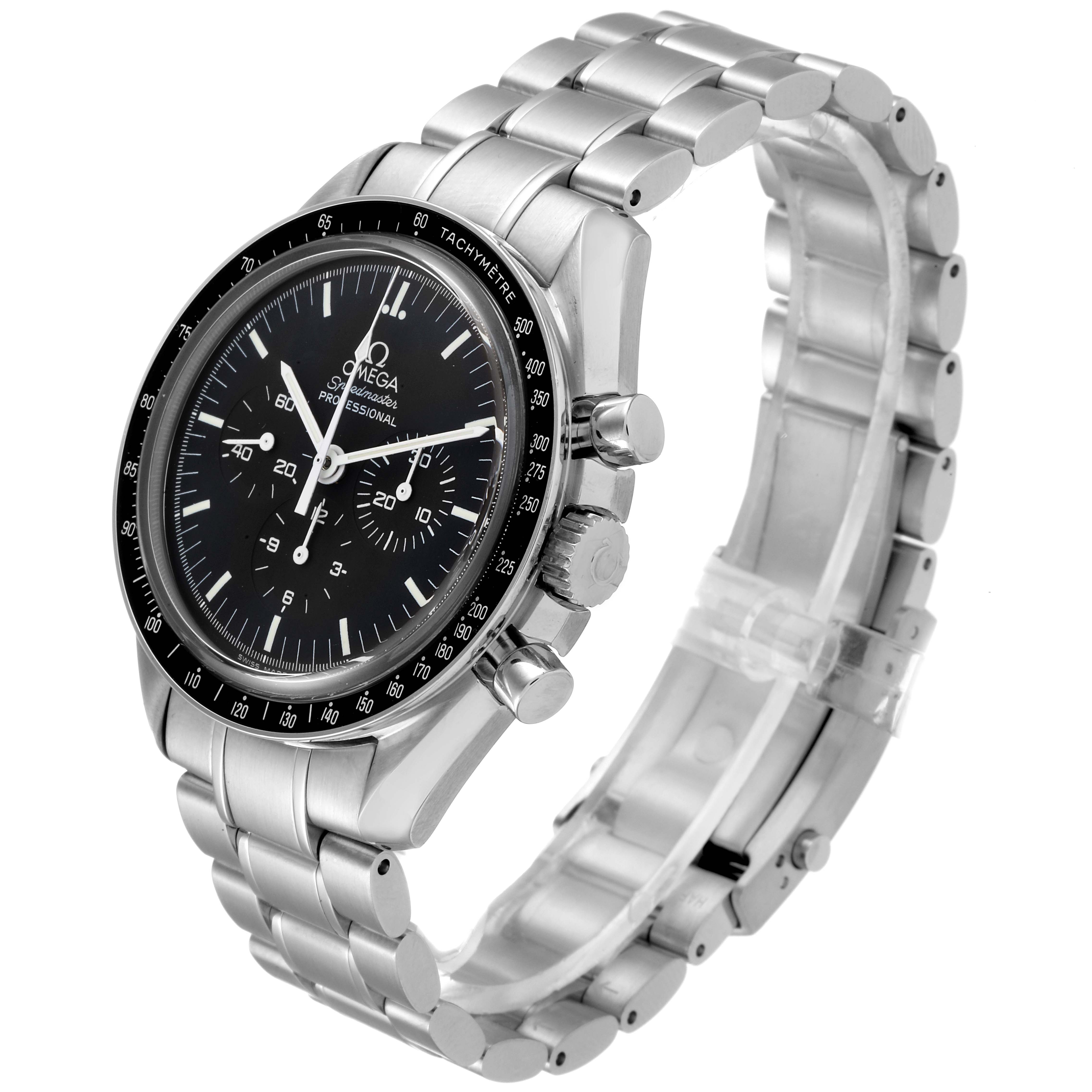 The image shows an Omega Speedmaster 3573.50.00 Men's Stainless Steel Black Dial 3573.50.00 Men's Stainless Steel Black Dial watch at a three-quarter angle featuring its stainless steel bracelet and tachymeter bezel.