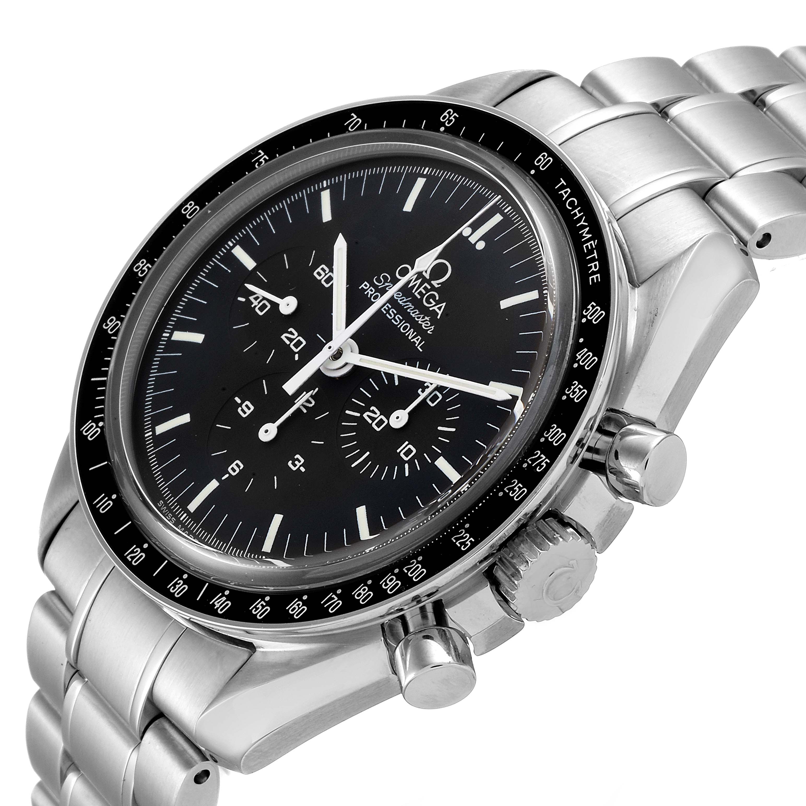 This image shows an angled view of the Omega Speedmaster 3573.50.00 Men's Stainless Steel Black Dial 3573.50.00 Men's Stainless Steel Black Dial, highlighting its dial, bezel, and metal bracelet.
