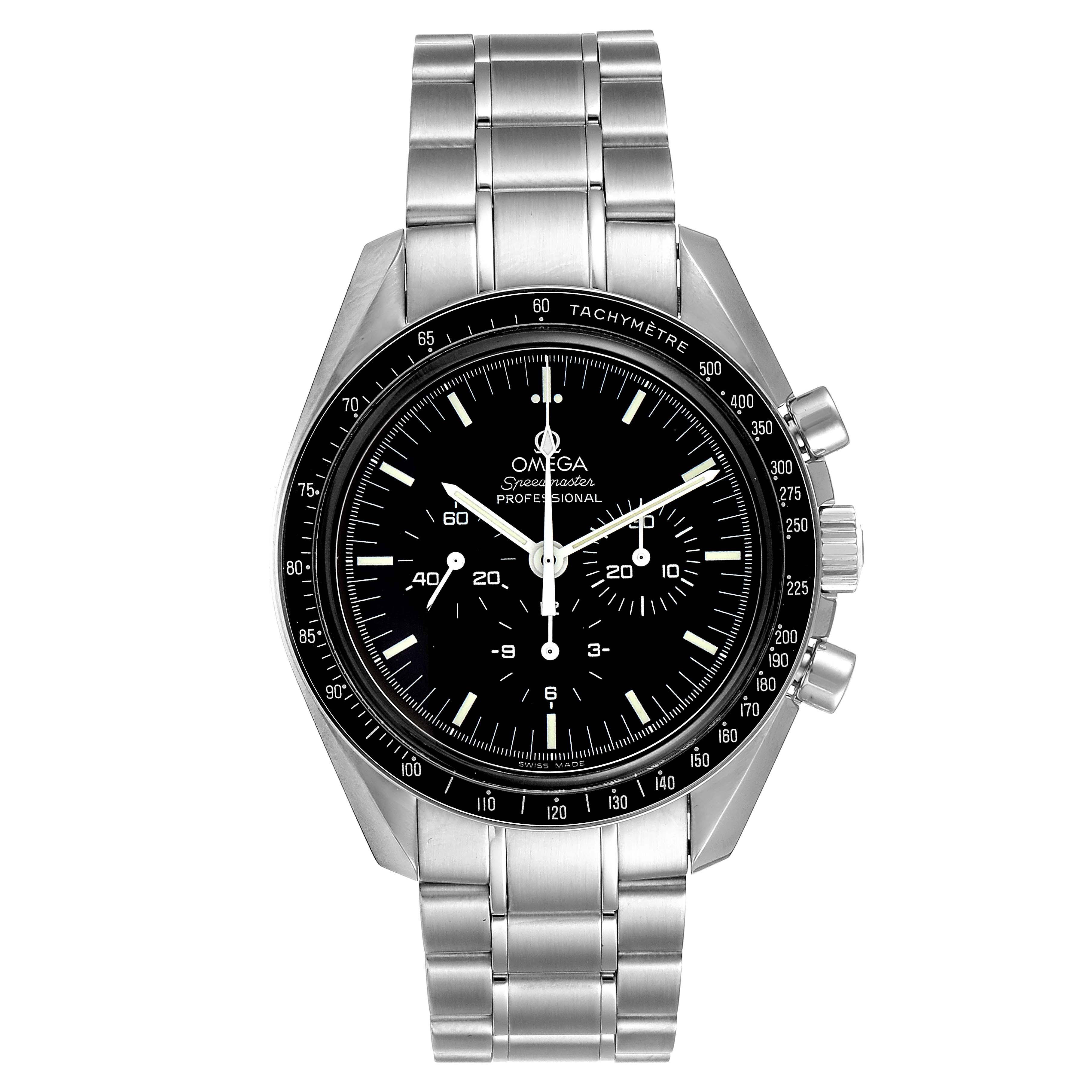 The Omega Speedmaster 3573.50.00 Men's Stainless Steel Black Dial 3573.50.00 Men's Stainless Steel Black Dial watch is shown from a front view displaying the dial, bezel, pushers, and metal bracelet.