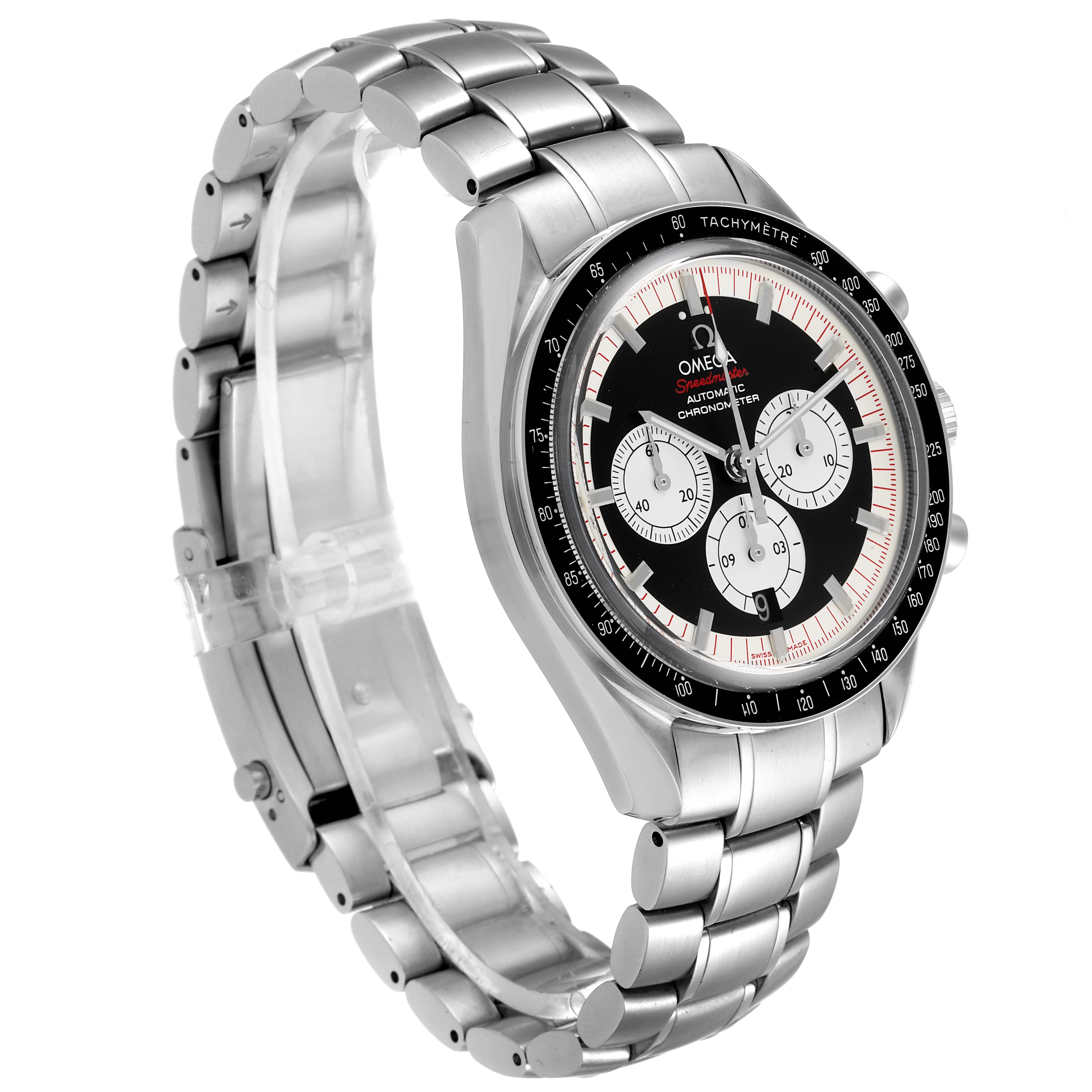 This image shows a side angle view of the Omega Speedmaster 3507.51.00 Men
s Stainless Steel Black Dial 3507.51.00 Men
s Stainless Steel Black Dial watch, highlighting the dial, bezel, and metal bracelet.