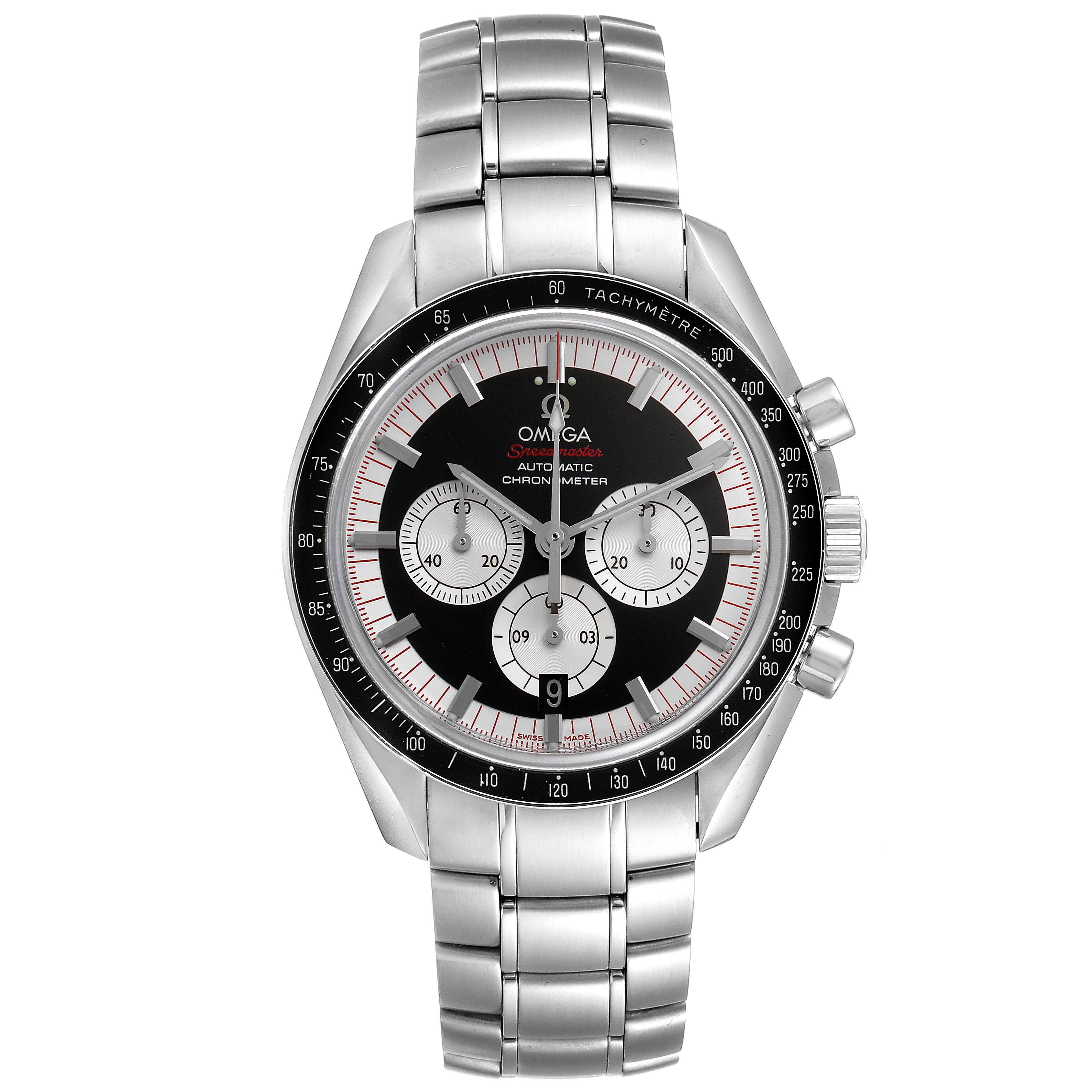 The image shows a frontal view of an Omega Speedmaster 3507.51.00 Men
s Stainless Steel Black Dial 3507.51.00 Men
s Stainless Steel Black Dial watch, displaying its face, bezel, buttons, and metal bracelet.