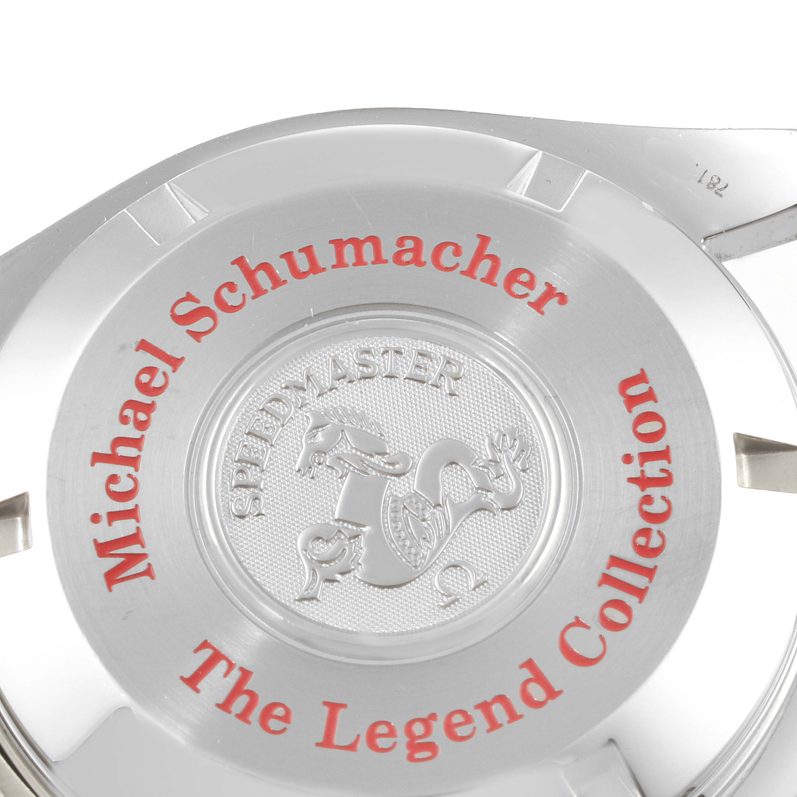 The image shows the case back of an Omega Speedmaster 3507.51.00 Men
s Stainless Steel Black Dial 3507.51.00 Men
s Stainless Steel Black Dial watch from "The Legend Collection," featuring "Michael Schumacher" engraving.