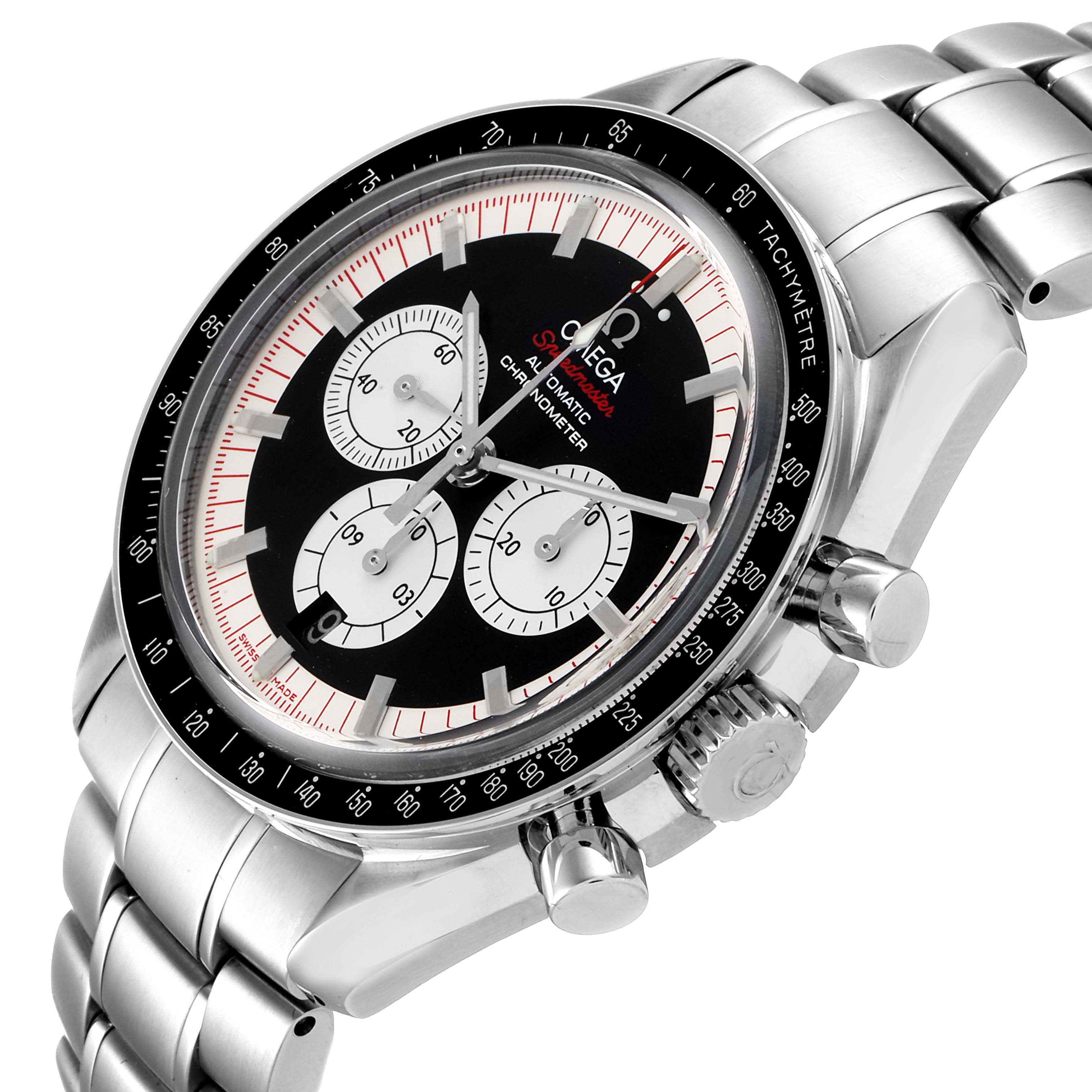 This Omega Speedmaster 3507.51.00 Men
s Stainless Steel Black Dial 3507.51.00 Men
s Stainless Steel Black Dial watch is shown at a three-quarters angle, highlighting the dial, subdials, and metal bracelet.