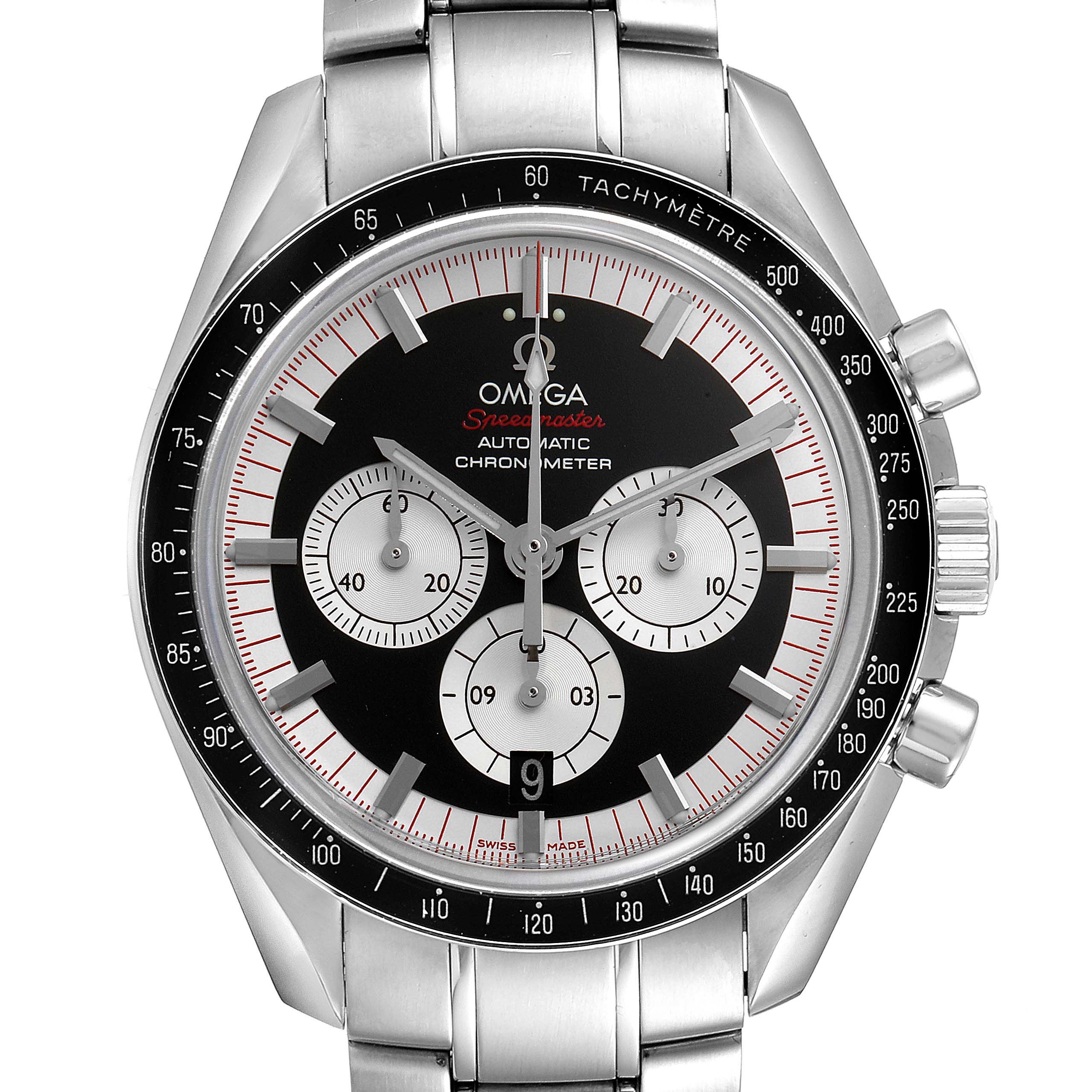 The image shows a frontal view of the Omega Speedmaster 3507.51.00 Men
s Stainless Steel Black Dial 3507.51.00 Men
s Stainless Steel Black Dial watch, highlighting the dial, subdials, tachymeter bezel, and crown.