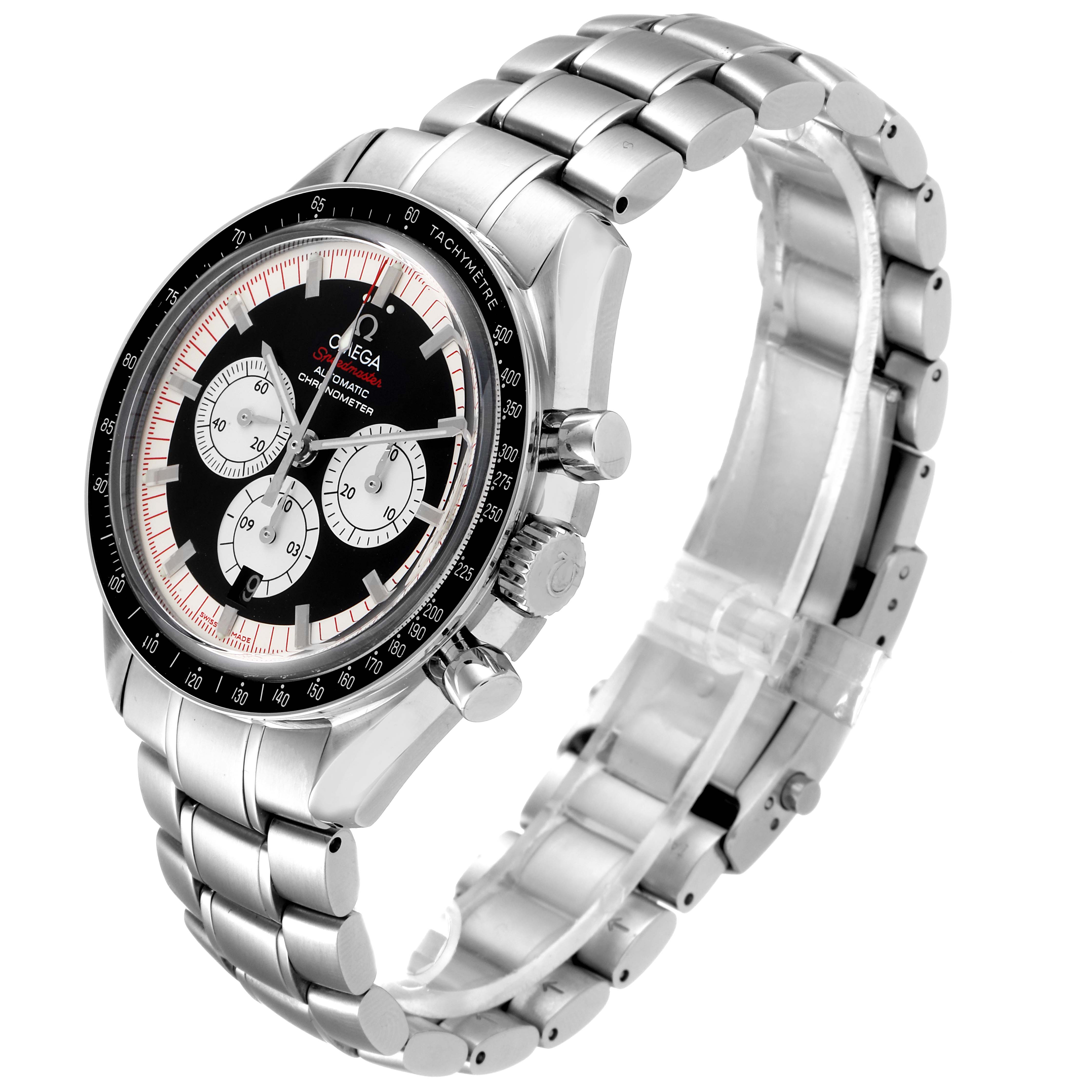 The image shows an Omega Speedmaster 3507.51.00 Men
s Stainless Steel Black Dial 3507.51.00 Men
s Stainless Steel Black Dial watch at a three-quarter angle, highlighting its dial, bezel, pushers, crown, and bracelet.