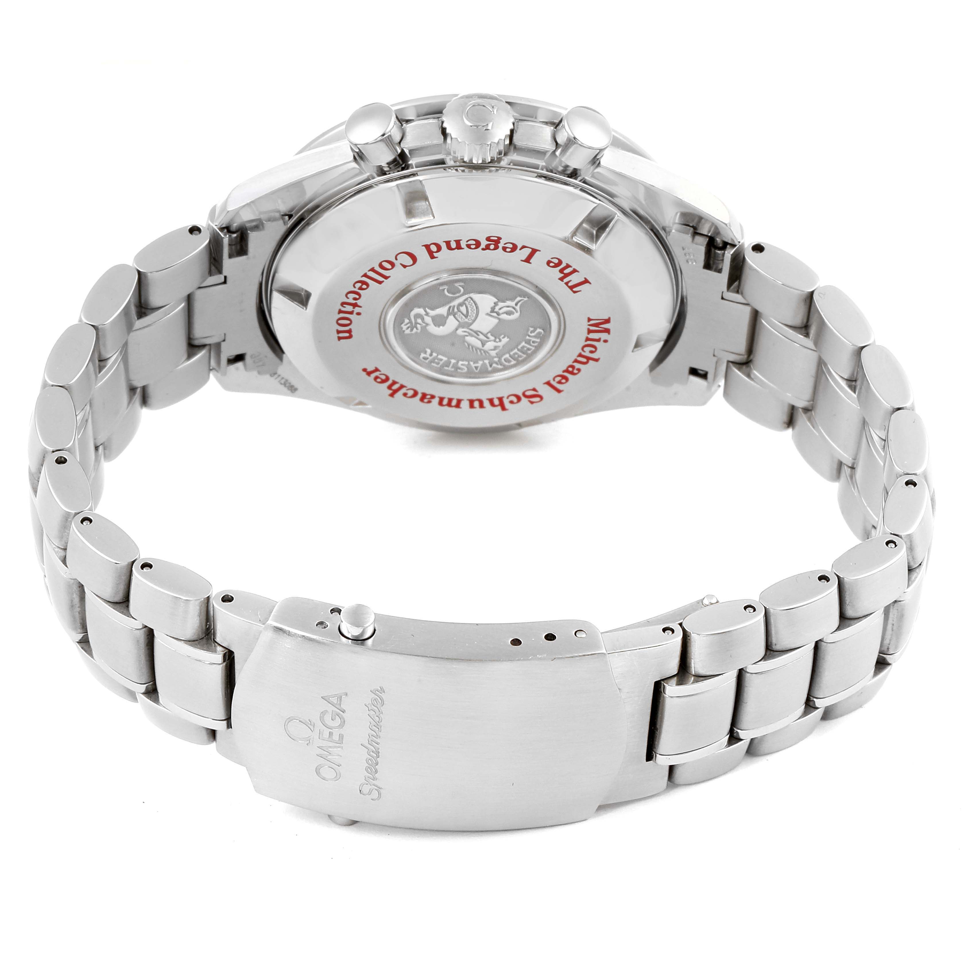 This image shows the case back and bracelet of the Omega Speedmaster 3507.51.00 Men
s Stainless Steel Black Dial 3507.51.00 Men
s Stainless Steel Black Dial watch from a rear angle.