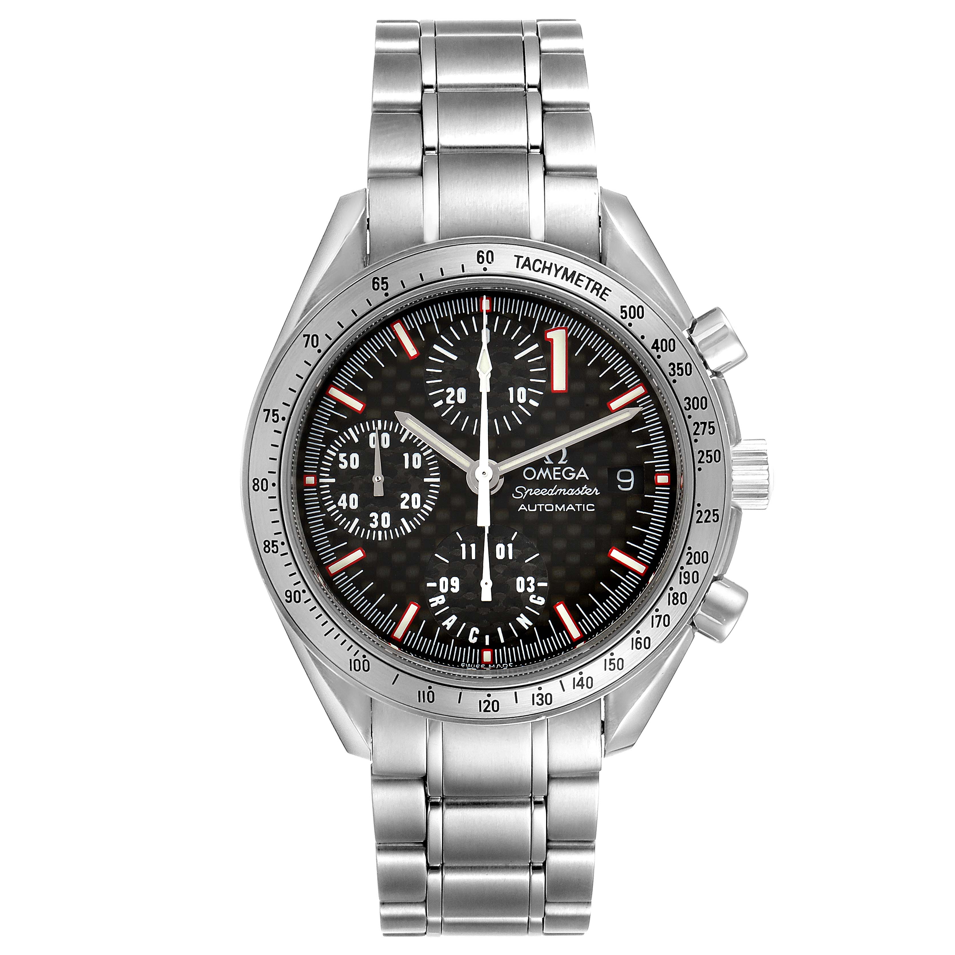 The Omega Speedmaster 3519.50.00 Men's Stainless Steel Red Dial 3519.50.00 Men's Stainless Steel Red Dial watch is shown from a front angle, displaying the face, bezel, and stainless steel bracelet.