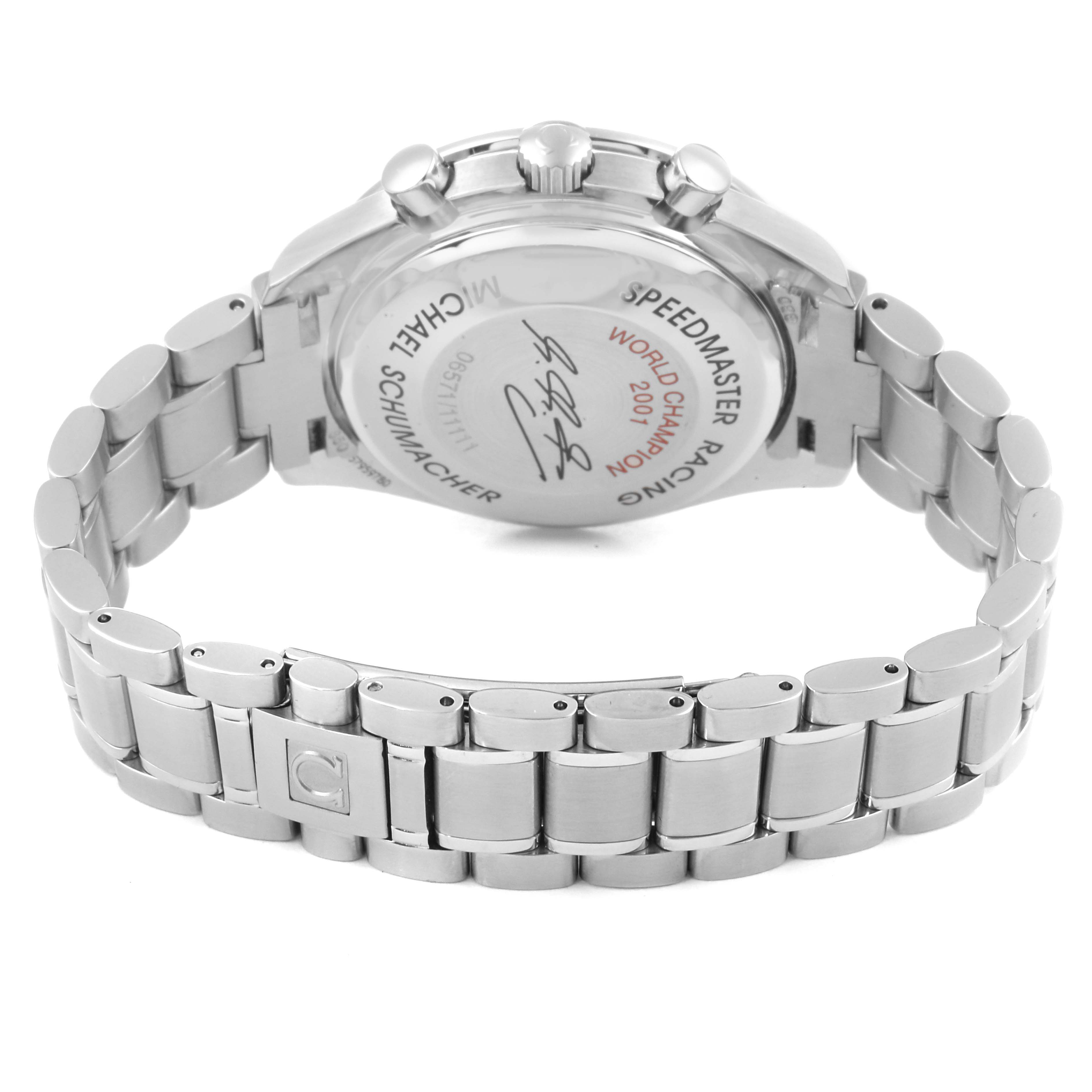 The image shows the back case and stainless steel bracelet of an Omega Speedmaster 3519.50.00 Men's Stainless Steel Red Dial 3519.50.00 Men's Stainless Steel Red Dial watch, viewed from a rear angle.