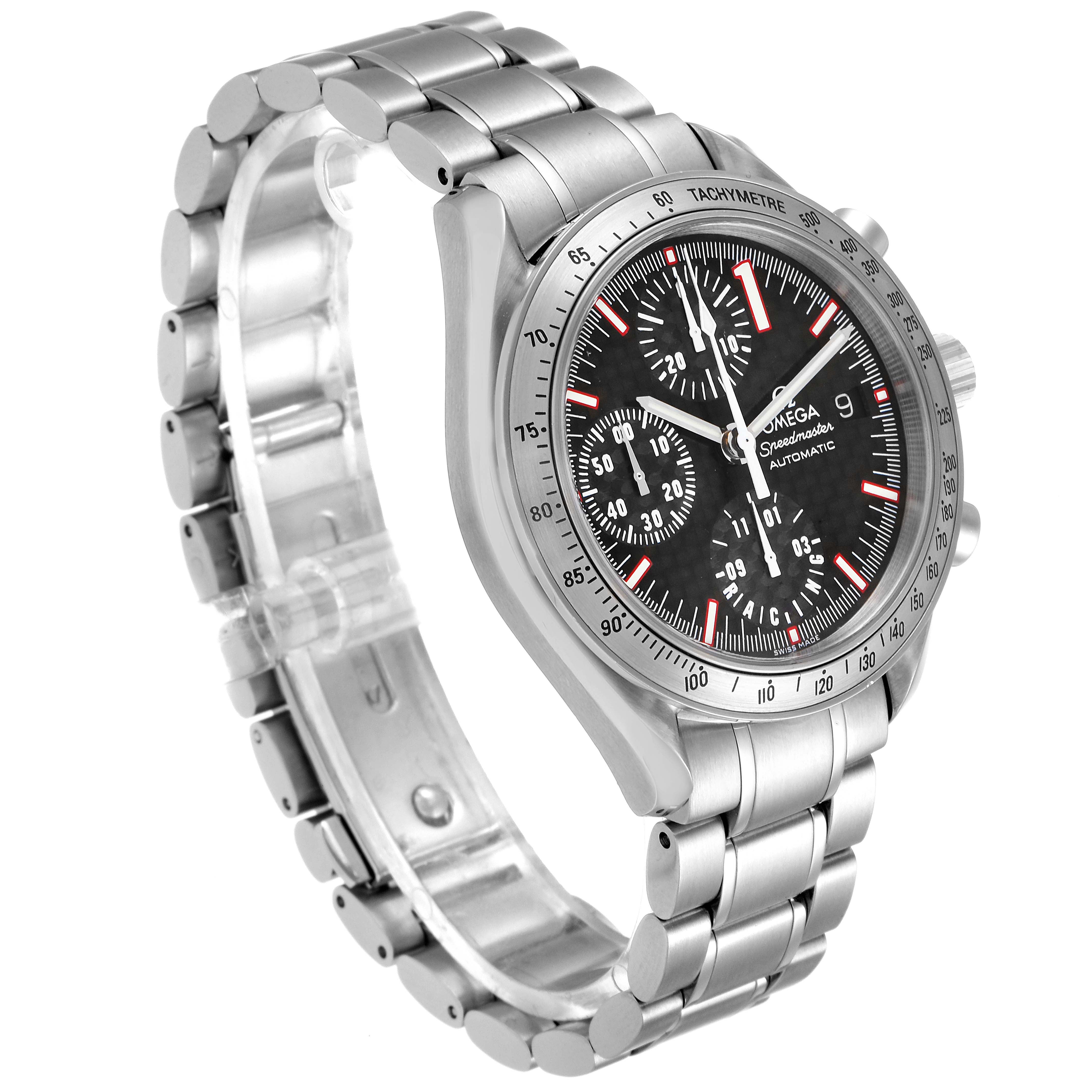 This image shows a side view of the Omega Speedmaster 3519.50.00 Men's Stainless Steel Red Dial 3519.50.00 Men's Stainless Steel Red Dial watch, highlighting the face, bezel, and metal bracelet.