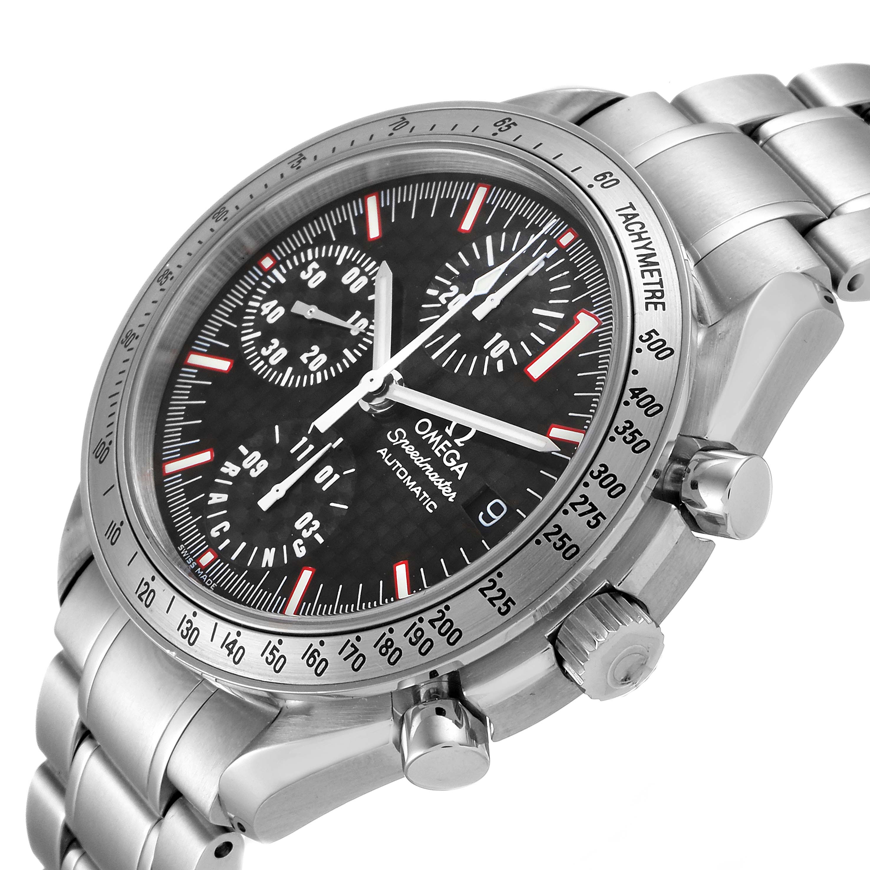 The Omega Speedmaster 3519.50.00 Men's Stainless Steel Red Dial 3519.50.00 Men's Stainless Steel Red Dial watch is shown from an angled view highlighting the face, tachymeter, crown, and part of the bracelet.