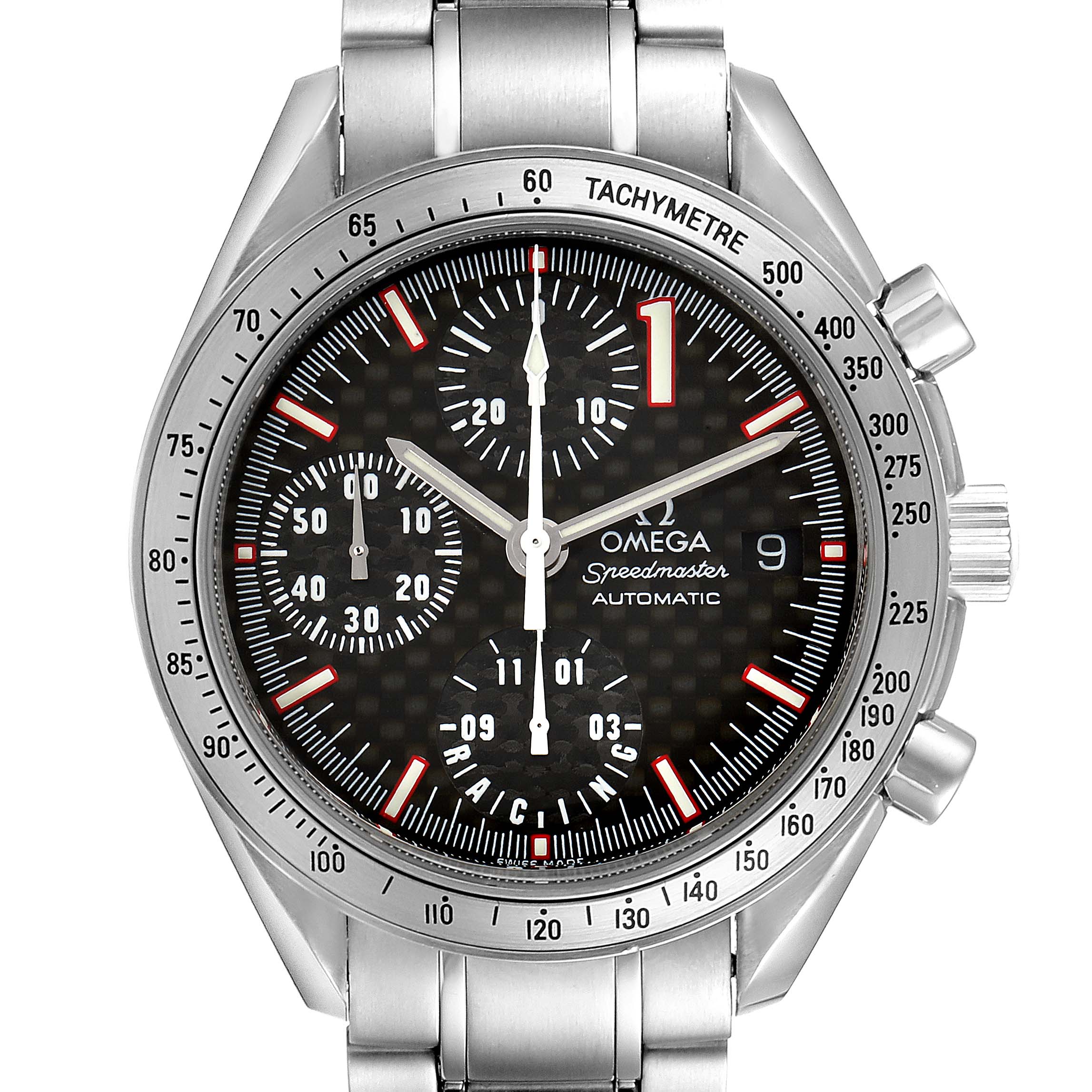 The image shows a frontal view of the Omega Speedmaster 3519.50.00 Men's Stainless Steel Red Dial 3519.50.00 Men's Stainless Steel Red Dial watch, displaying the dial, tachymeter bezel, chronograph sub-dials, and bracelet.