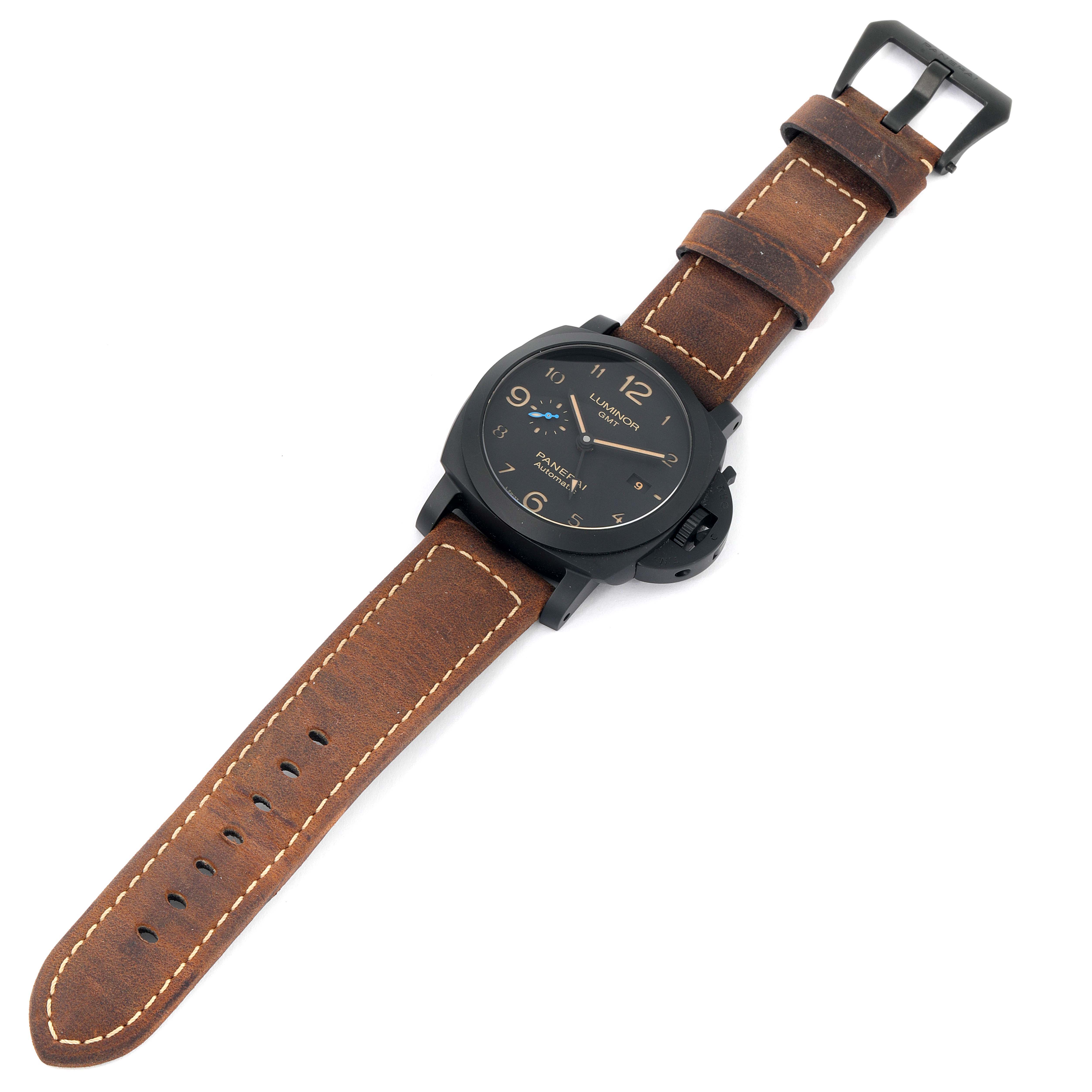 This Panerai Luminor PAM01441 Men's Ceramic Black Dial PAM01441 Men's Ceramic Black Dial watch is shown at a slight angle, highlighting the face, brown leather strap, buckle, and crown guard.