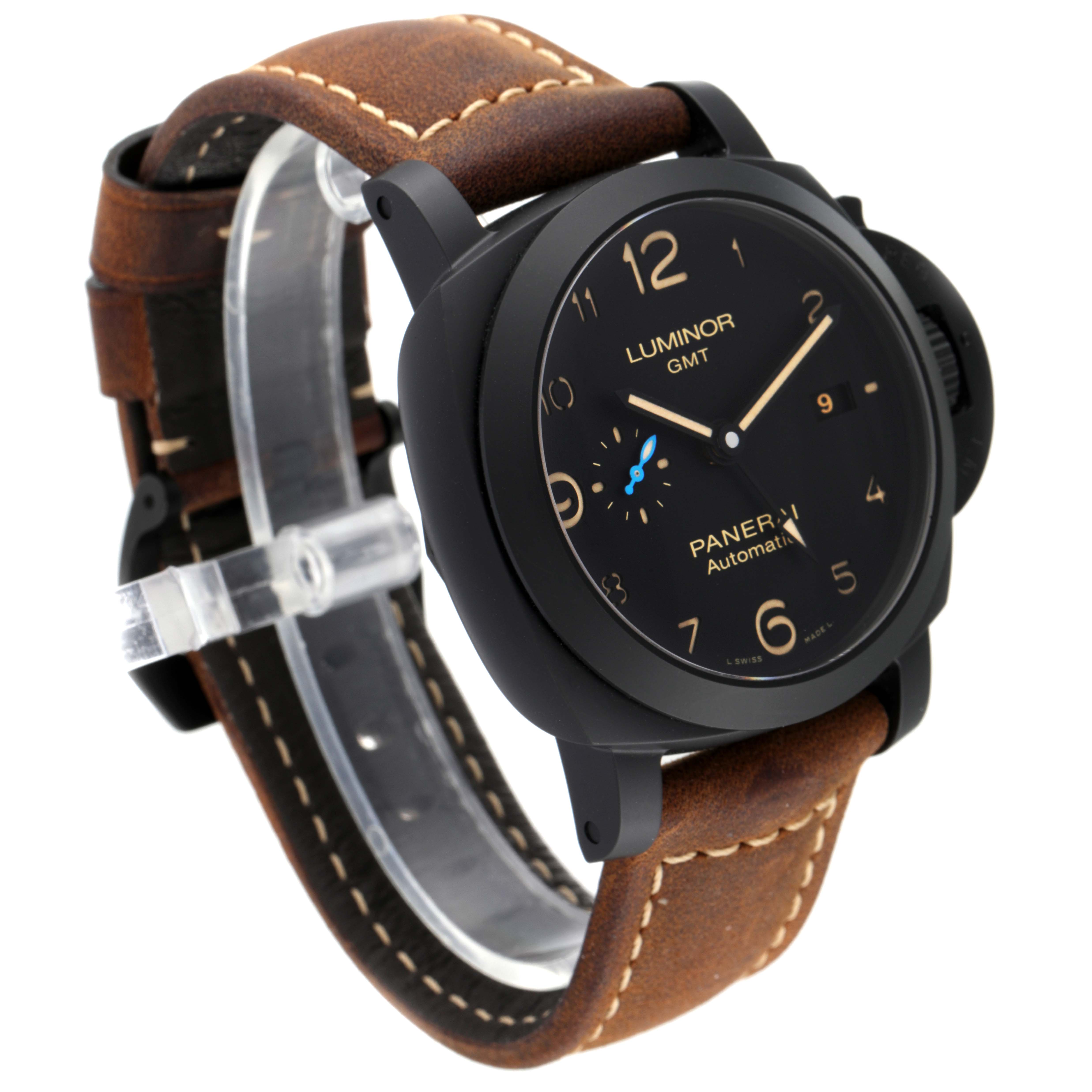 The Panerai Luminor PAM01441 Men's Ceramic Black Dial PAM01441 Men's Ceramic Black Dial GMT watch is shown from a three-quarter angle, showcasing the face, bezel, and leather strap.