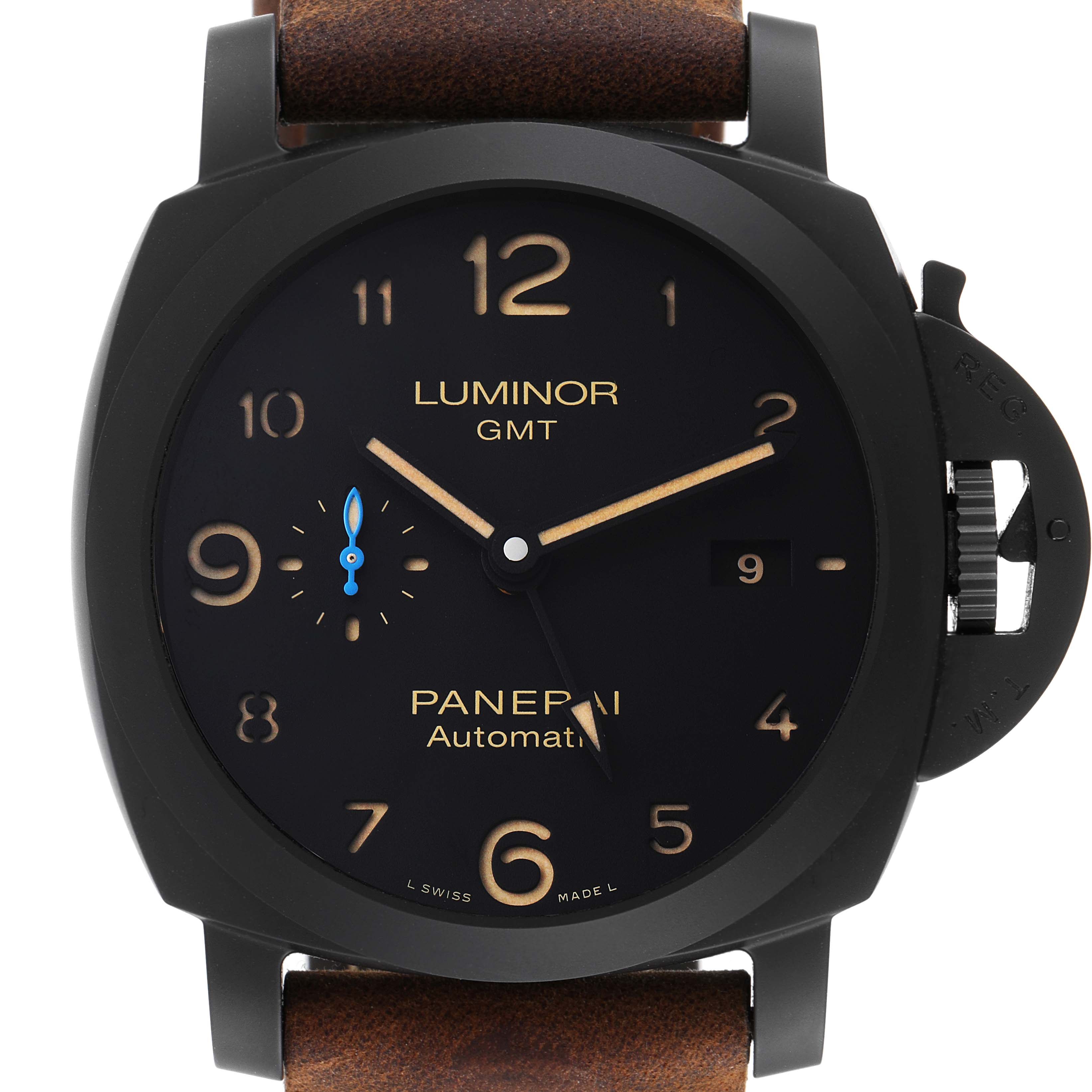 This is a close-up, frontal view of the Panerai Luminor PAM01441 Men's Ceramic Black Dial PAM01441 Men's Ceramic Black Dial GMT watch, showing the dial, case, and strap.