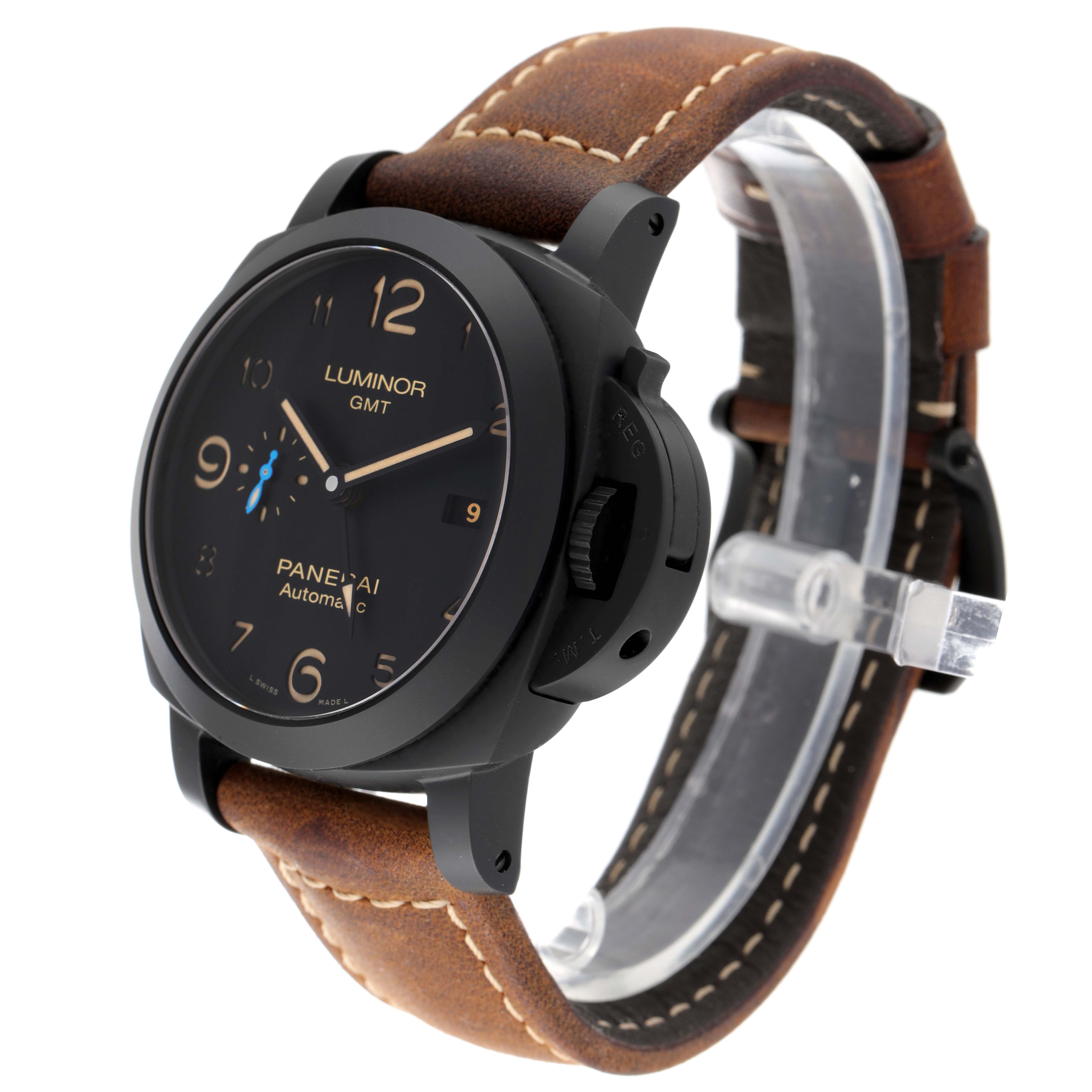The image shows a Panerai Luminor PAM01441 Men's Ceramic Black Dial PAM01441 Men's Ceramic Black Dial GMT watch at a three-quarter angle, highlighting its brown leather strap and black dial.