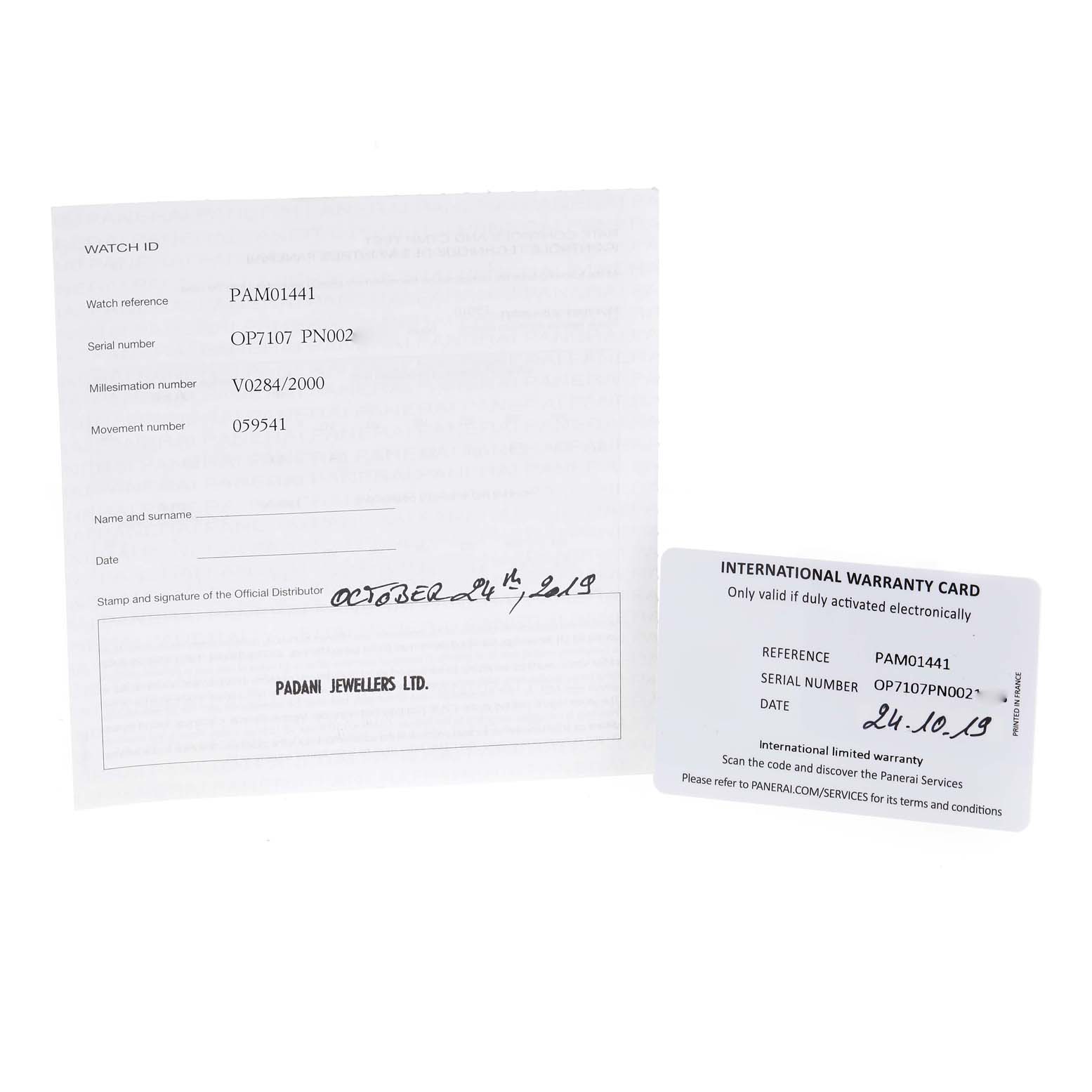 This image includes documentation and an international warranty card for the Panerai Luminor PAM01441 Men's Ceramic Black Dial PAM01441 Men's Ceramic Black Dial model PAM01441.