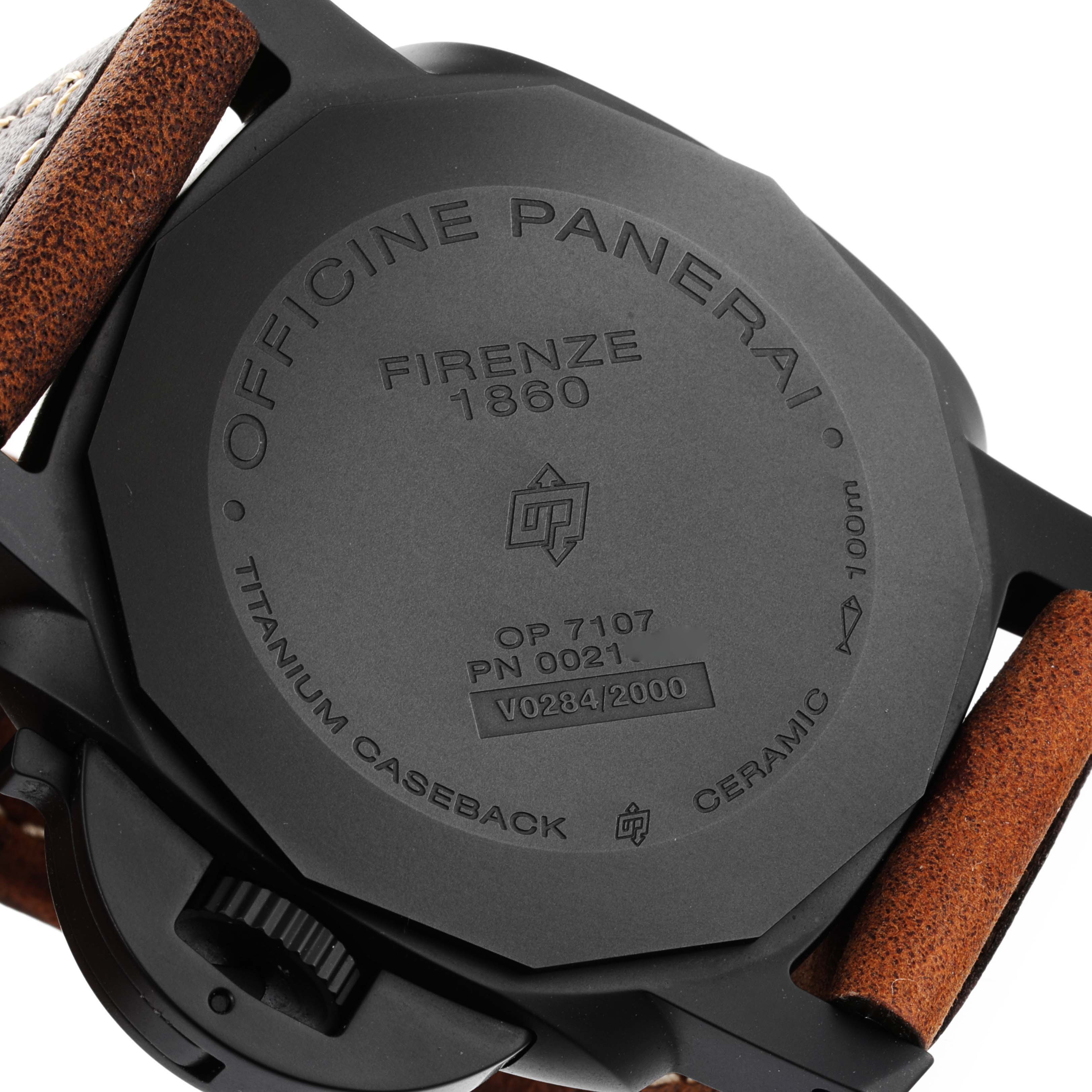 This image shows the back of the Panerai Luminor PAM01441 Men's Ceramic Black Dial PAM01441 Men's Ceramic Black Dial watch, focusing on its titanium case back and leather strap attachment.