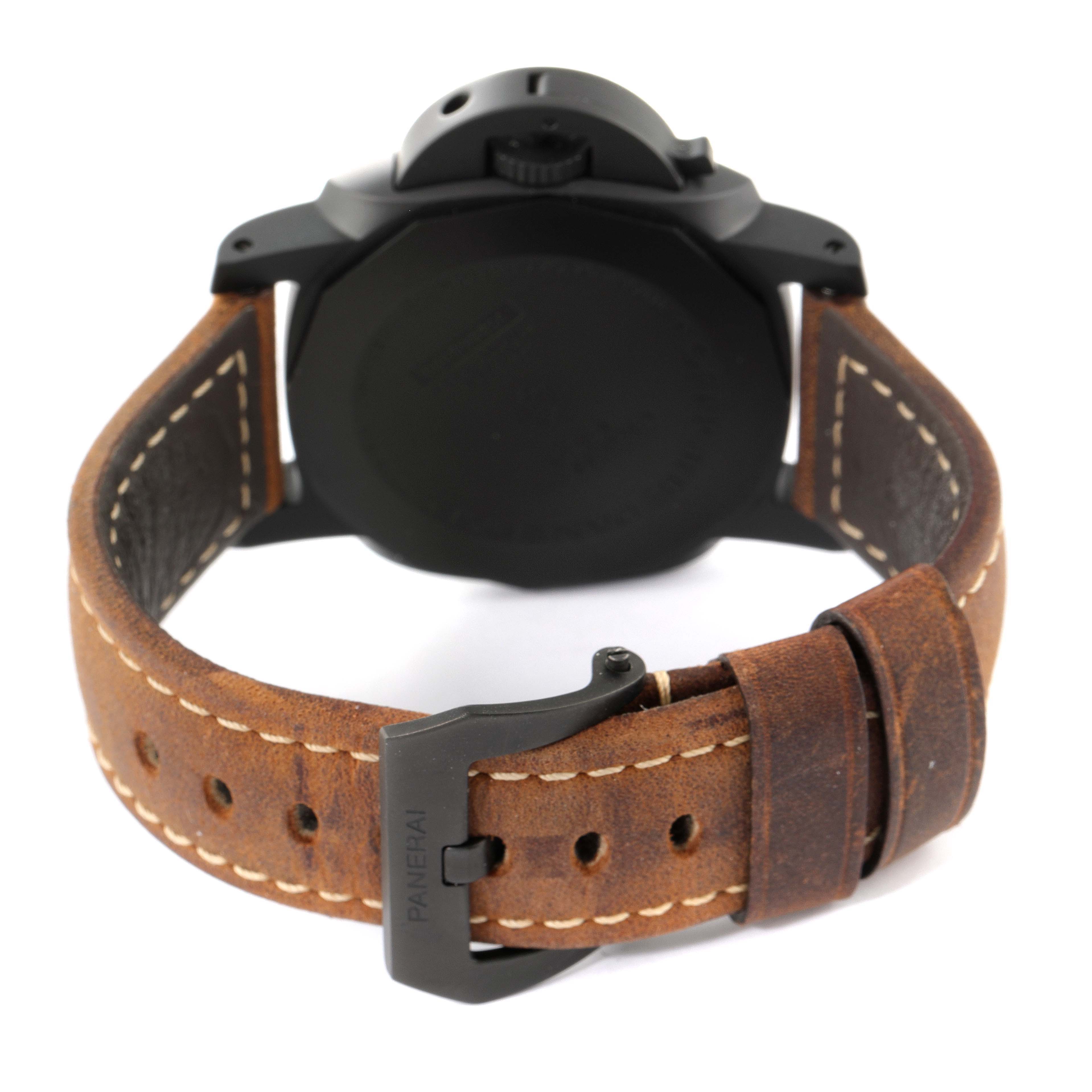 The image shows a rear view of a Panerai Luminor PAM01441 Men's Ceramic Black Dial PAM01441 Men's Ceramic Black Dial watch, focusing on the leather strap and buckle.