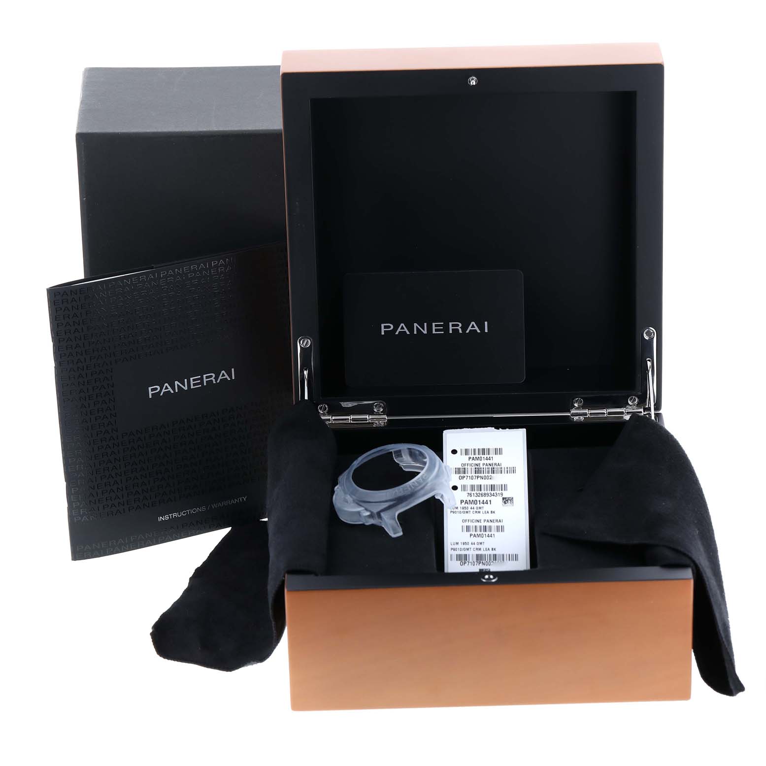 The image shows an open box of the Panerai Luminor PAM01441 Men's Ceramic Black Dial PAM01441 Men's Ceramic Black Dial watch, along with a protective case, tags, and documentation.