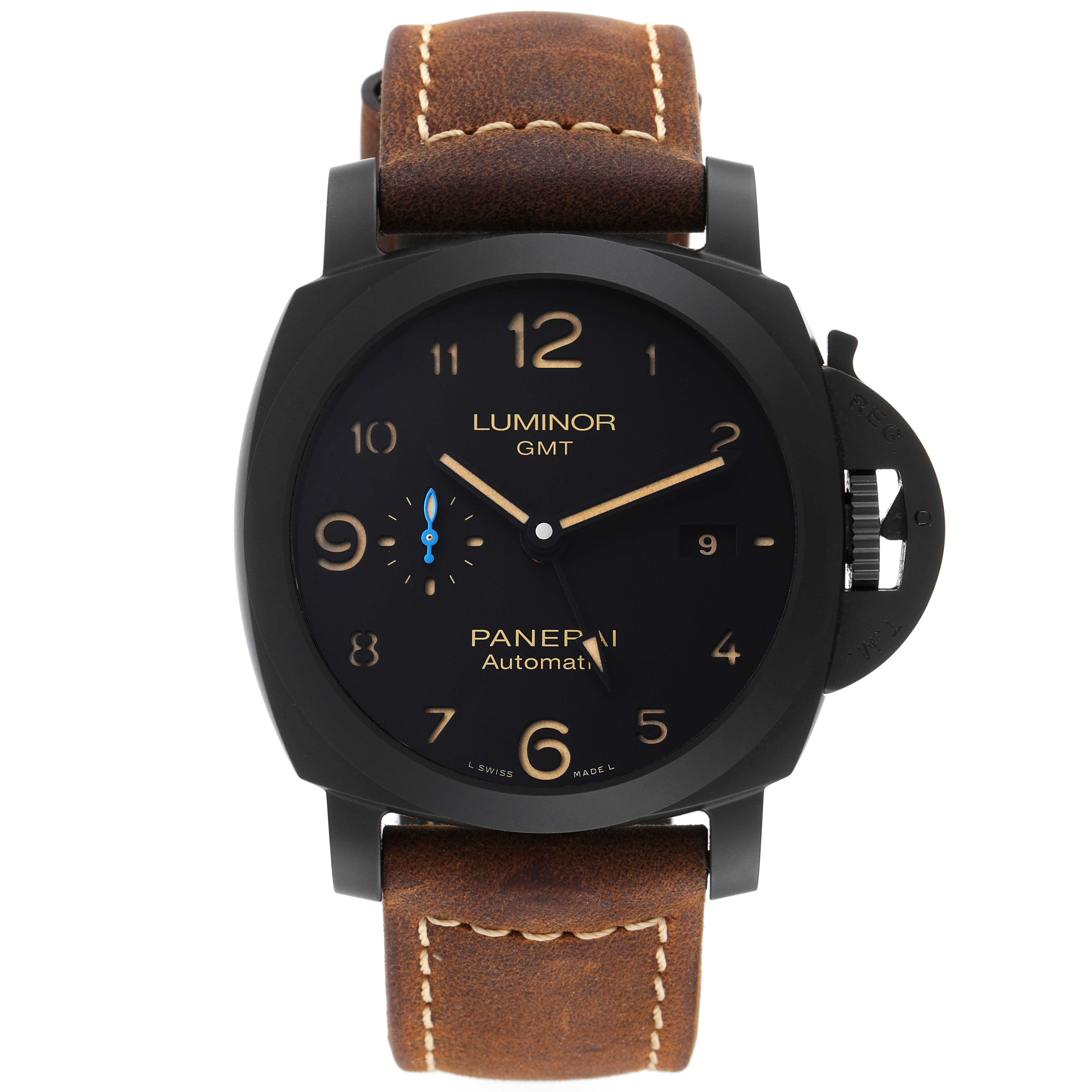 This image shows a front view of a Panerai Luminor PAM01441 Men's Ceramic Black Dial PAM01441 Men's Ceramic Black Dial GMT watch, showcasing the dial, case, and brown leather strap.