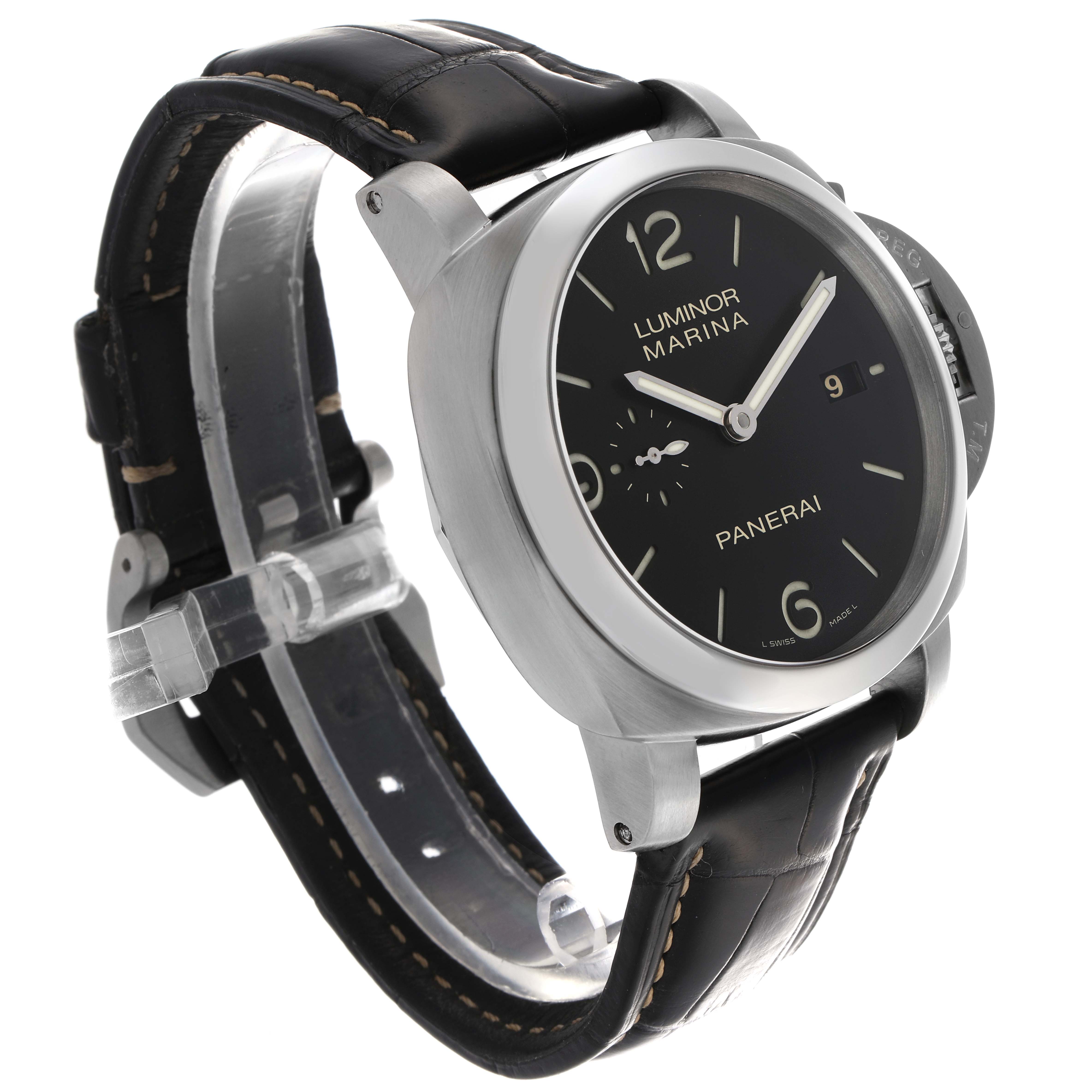 The Panerai Luminor PAM00312 Men's Stainless Steel Black Dial PAM00312 Men's Stainless Steel Black Dial watch is shown at a slight angle, highlighting the face, crown guard, and leather strap.