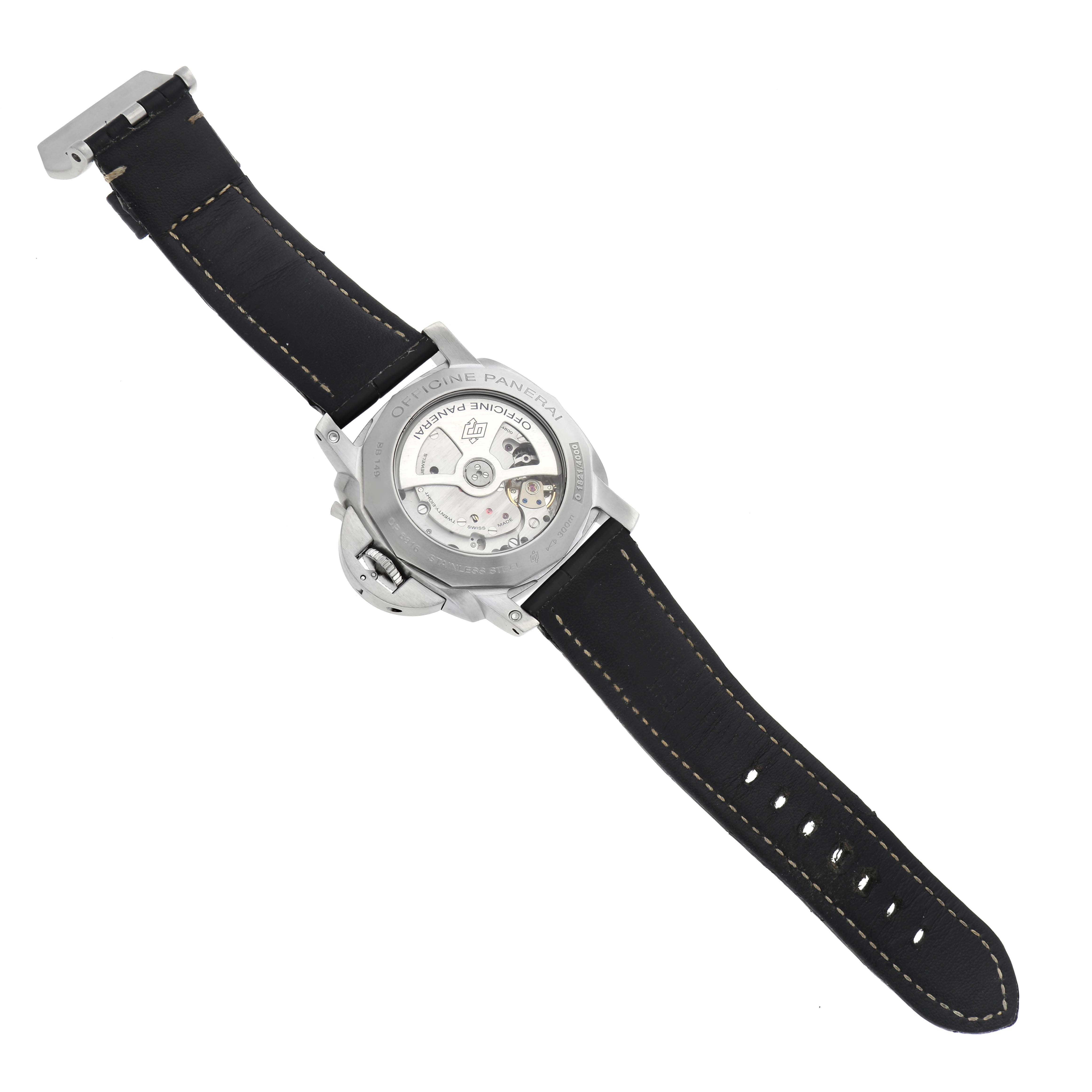 The image shows the back view of a Panerai Luminor PAM00312 Men's Stainless Steel Black Dial PAM00312 Men's Stainless Steel Black Dial watch, highlighting the movement and leather strap.