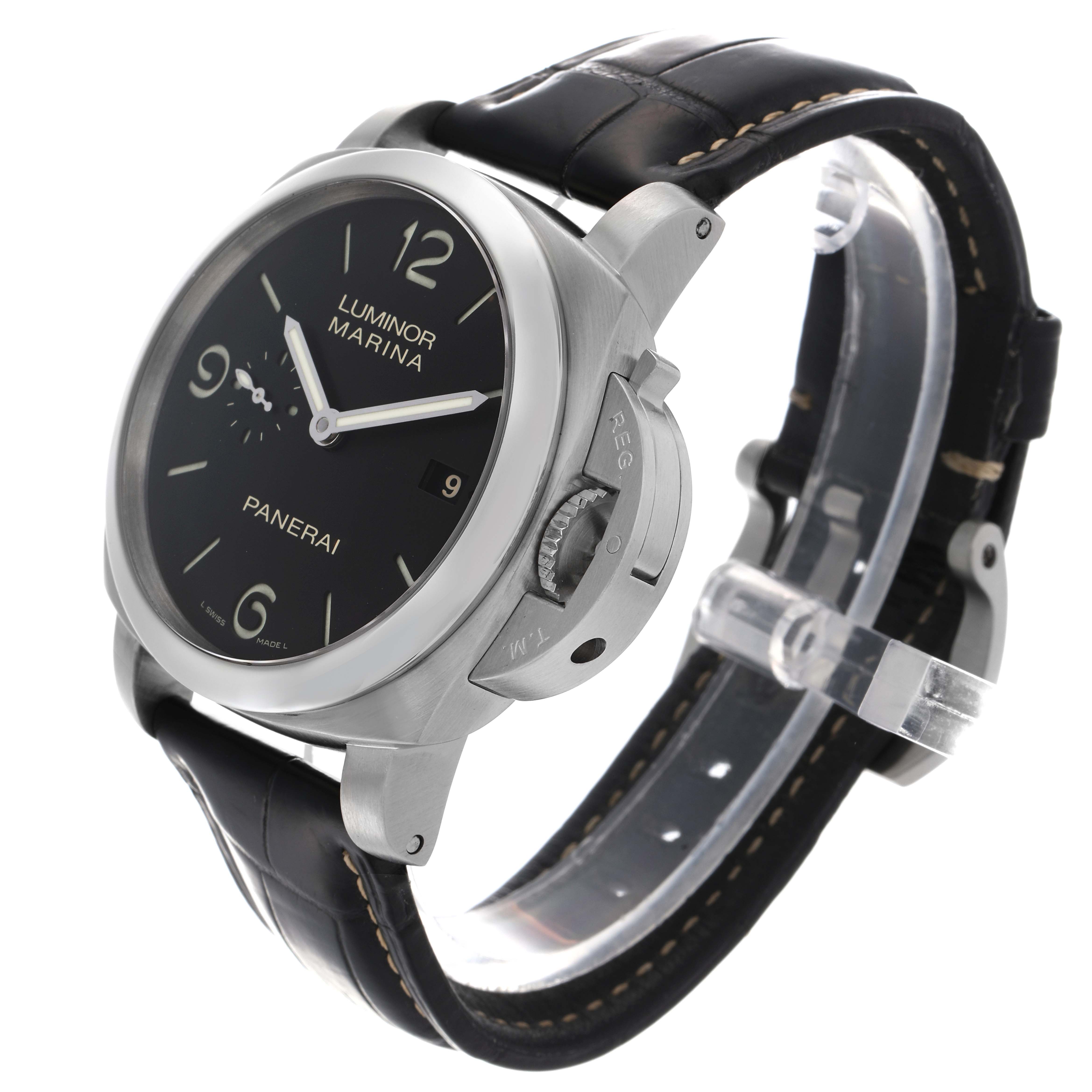 The Panerai Luminor PAM00312 Men's Stainless Steel Black Dial PAM00312 Men's Stainless Steel Black Dial watch is shown from a three-quarter angle, highlighting the black dial, crown guard, and leather strap.