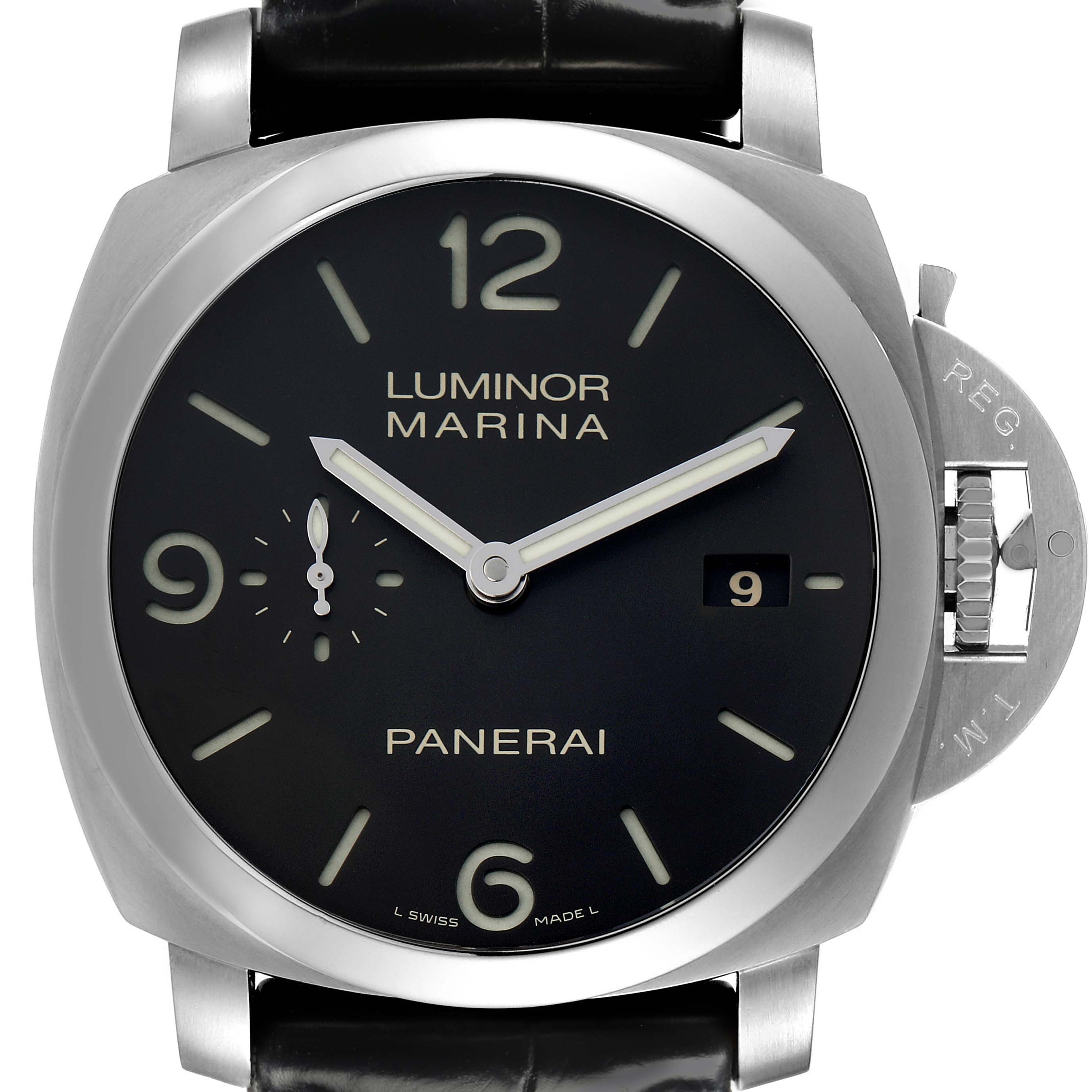 The Panerai Luminor PAM00312 Men's Stainless Steel Black Dial PAM00312 Men's Stainless Steel Black Dial watch is shown from a front view, highlighting the dial, hands, crown guard, and strap attachment.