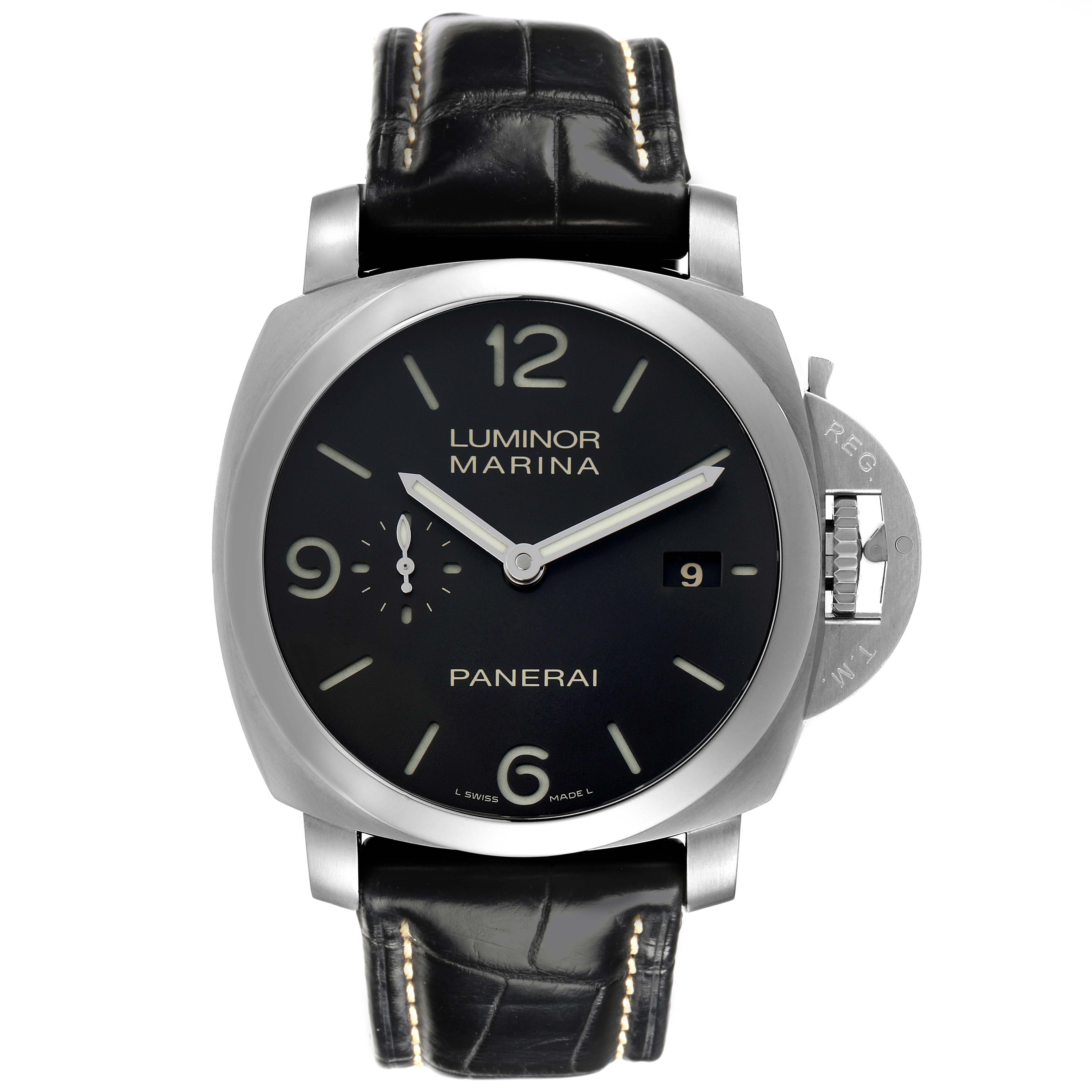 The Panerai Luminor PAM00312 Men's Stainless Steel Black Dial PAM00312 Men's Stainless Steel Black Dial watch is shown from a front angle, displaying the dial, crown guard, and leather strap.