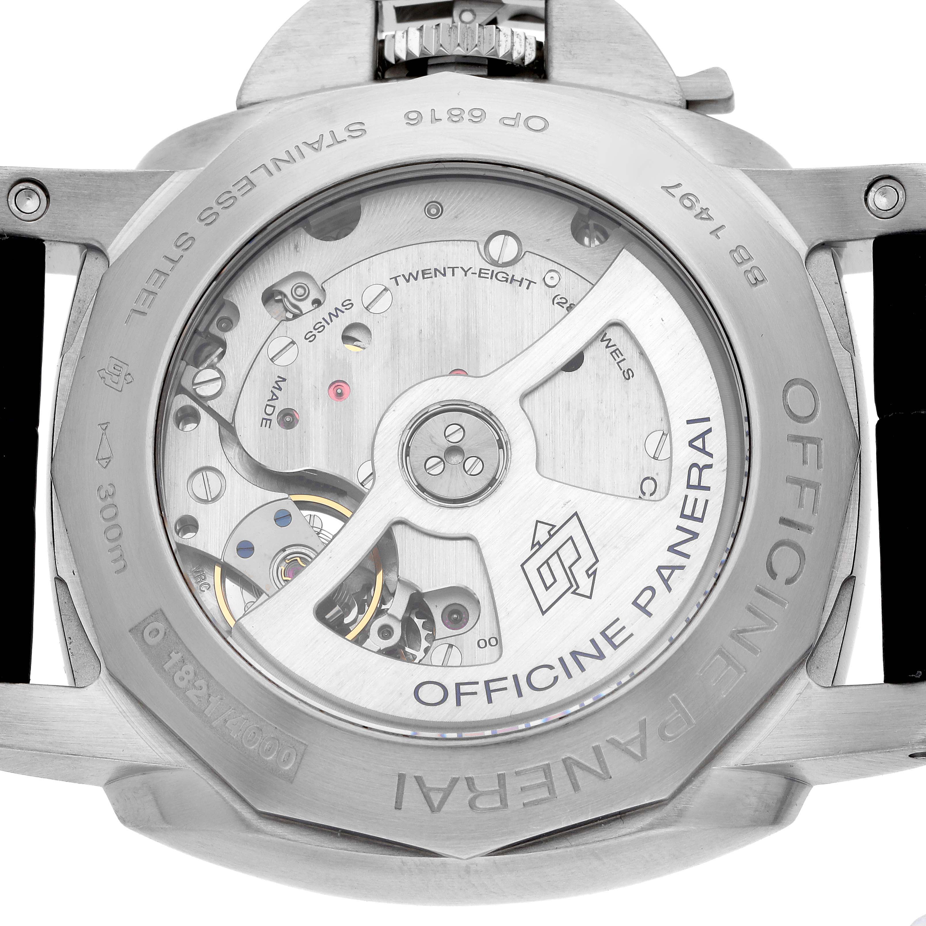 The image shows the back view of a Panerai Luminor PAM00312 Men's Stainless Steel Black Dial PAM00312 Men's Stainless Steel Black Dial watch, highlighting its open case back and movement.