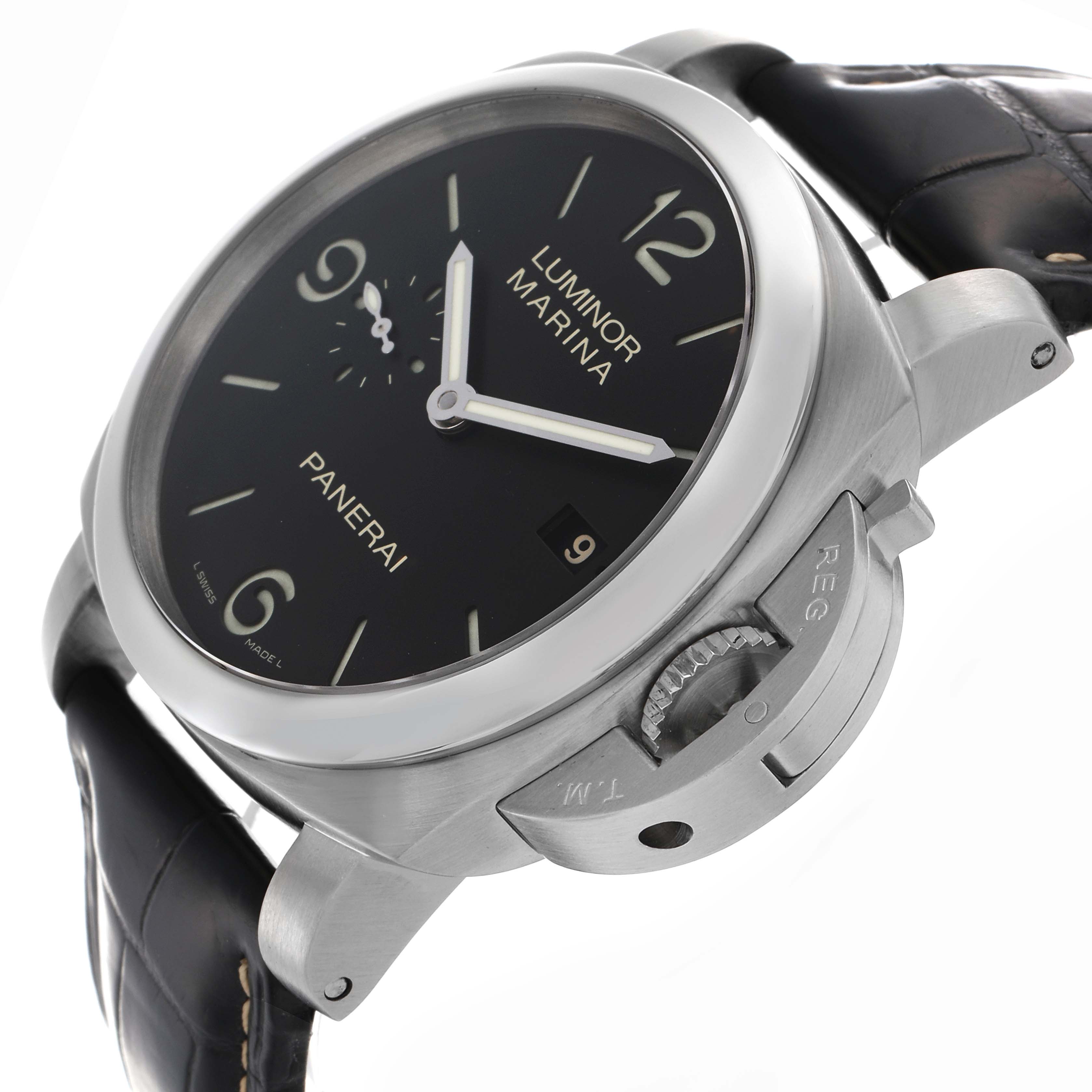 The Luminor model by Panerai is shown at an angle highlighting its dial, case, crown guard, and part of the strap.