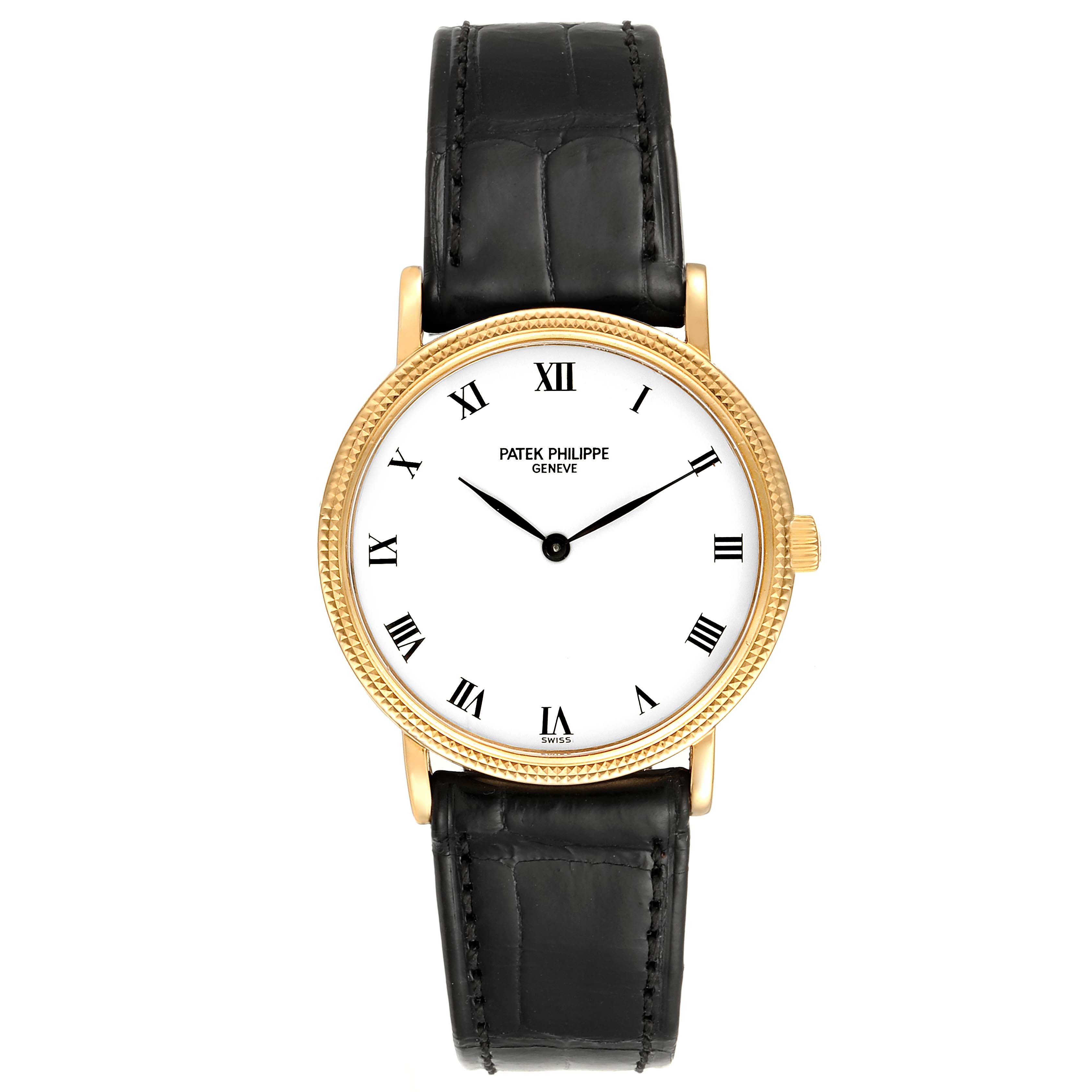 The image shows a frontal view of the Patek Philippe Calatrava 3992 Men's Yellow Gold White Dial 3992 Men's Yellow Gold White Dial watch, displaying the dial, bezel, and leather strap.