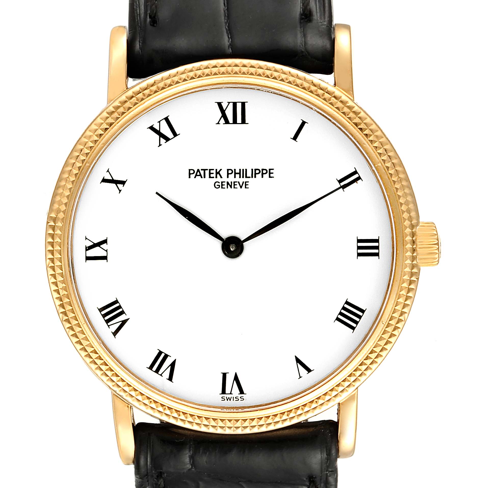 The Patek Philippe Calatrava 3992 Men's Yellow Gold White Dial 3992 Men's Yellow Gold White Dial watch is shown from a front angle, displaying its face, gold bezel, black strap, and crown.