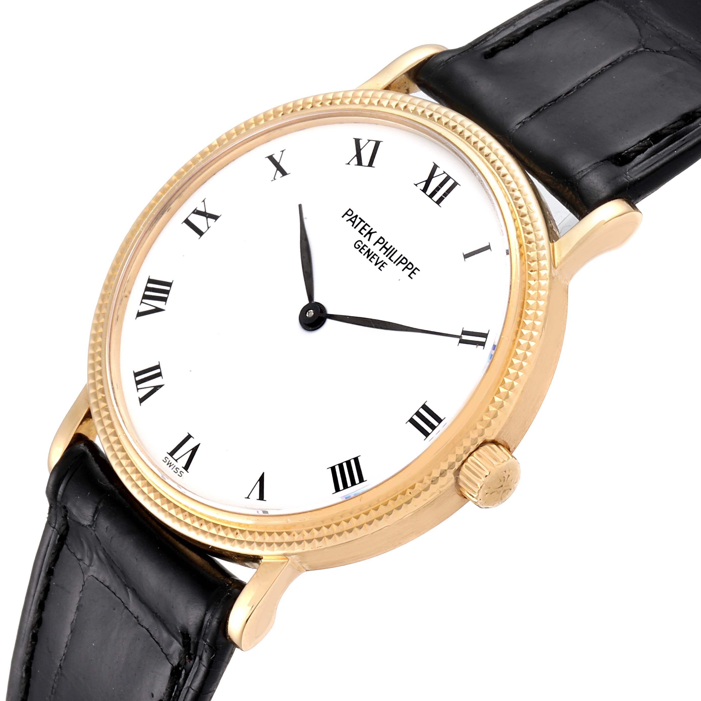The image shows a Patek Philippe Calatrava 3992 Men's Yellow Gold White Dial 3992 Men's Yellow Gold White Dial watch from a side angle, highlighting the face, crown, and leather strap.