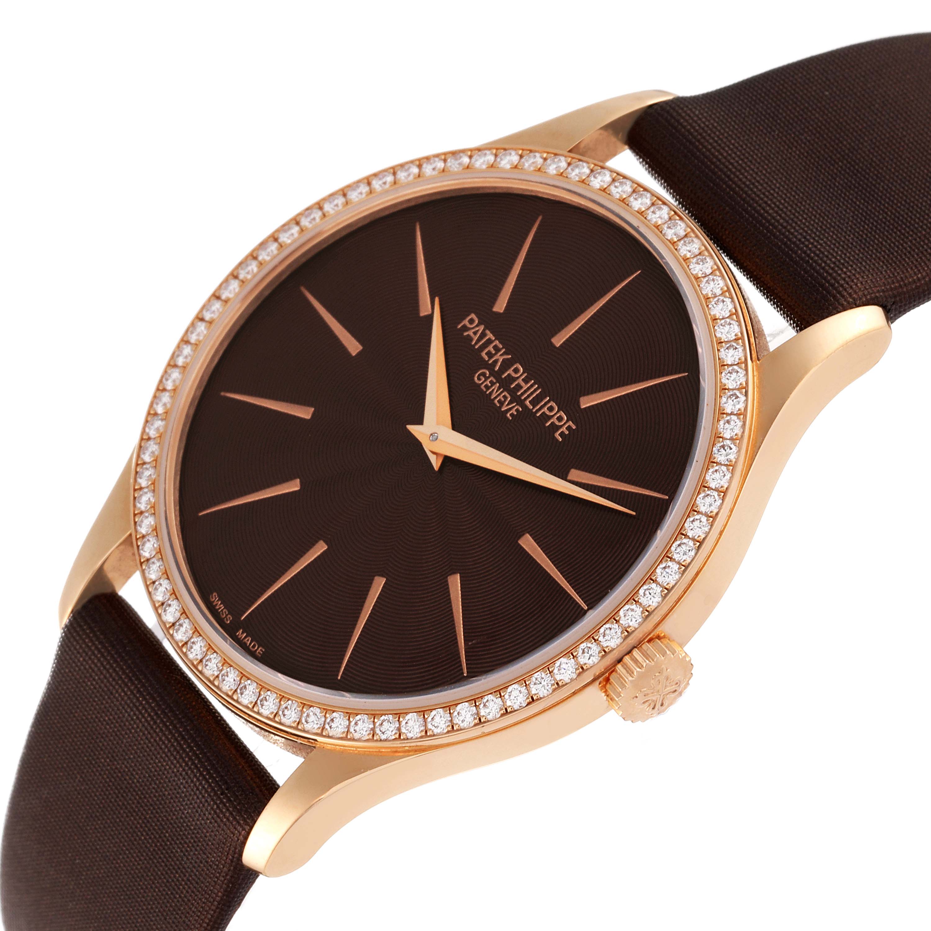 This Patek Philippe Calatrava 4897R-001 Women's Rose Gold Brown Dial 4897R-001 Women's Rose Gold Brown Dial watch is shown from a side angle, highlighting the dial, bezel, crown, and part of the strap.