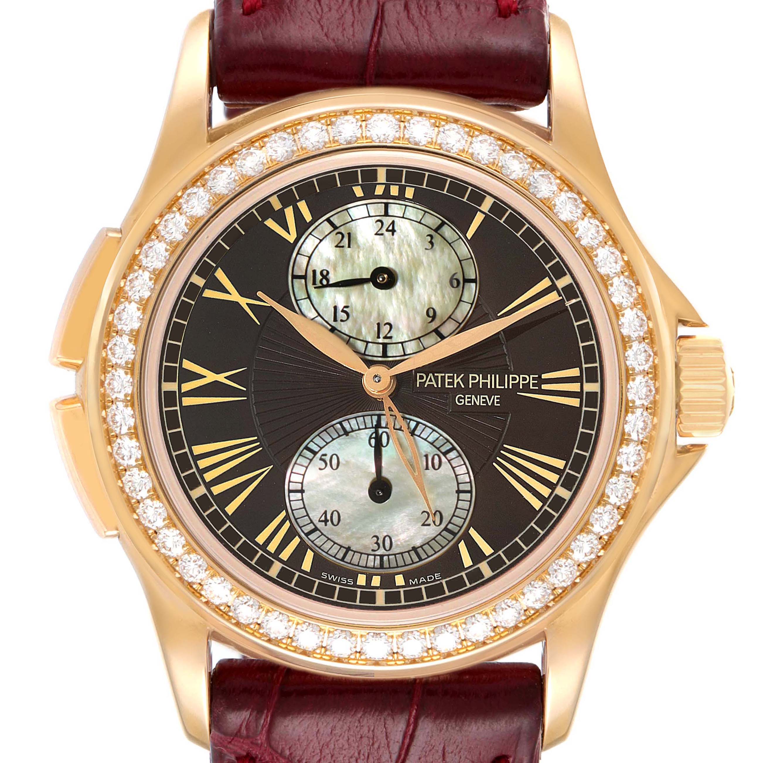 This image shows a front view of a Patek Philippe Calatrava 4934R Women's Rose Gold Mother of Pearl Dial 4934R Women's Rose Gold Mother of Pearl Dial watch with a black dial, diamond bezel, and red leather strap.