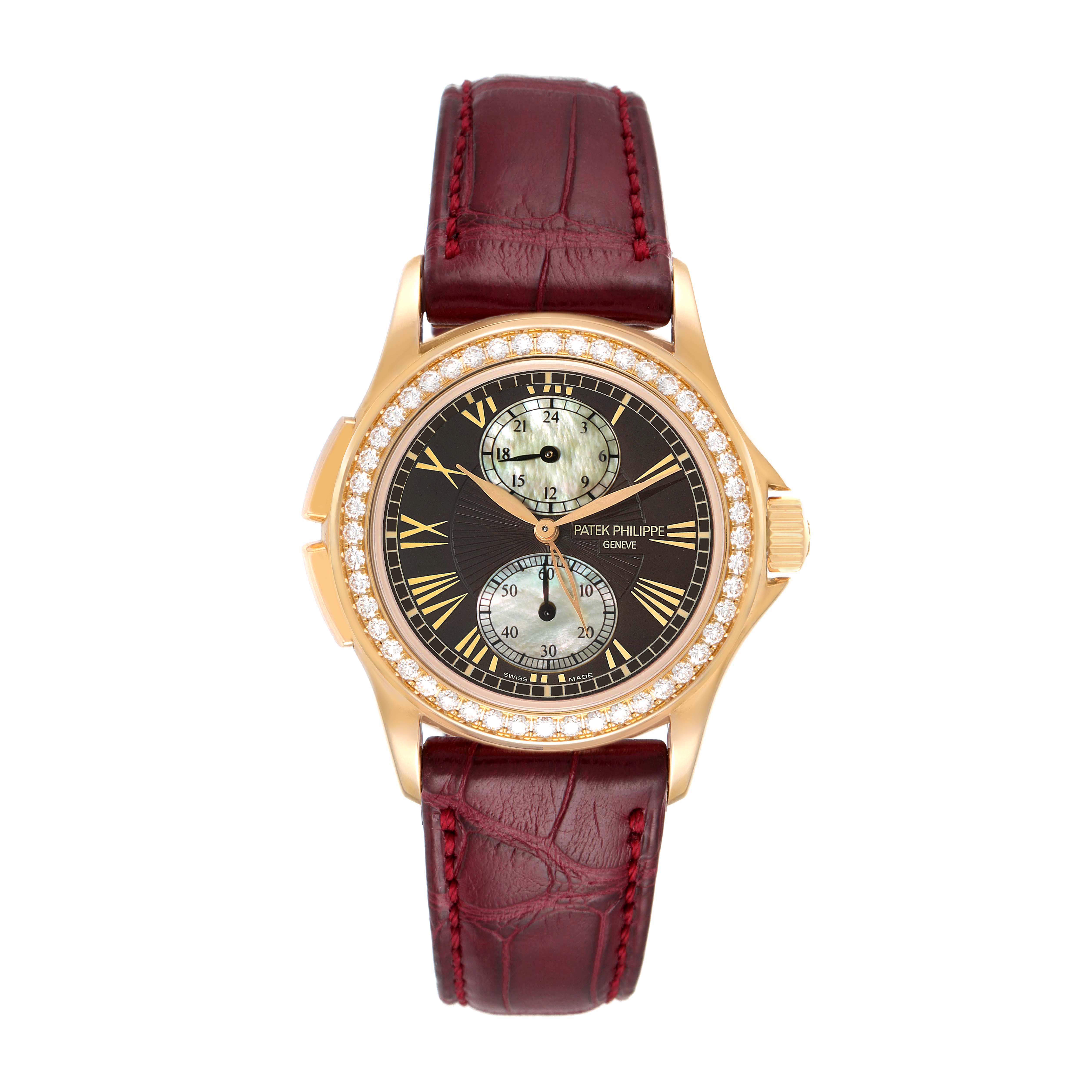 The image shows a front view of a Patek Philippe Calatrava 4934R Women's Rose Gold Mother of Pearl Dial 4934R Women's Rose Gold Mother of Pearl Dial watch with a red leather strap and diamond-encrusted bezel.