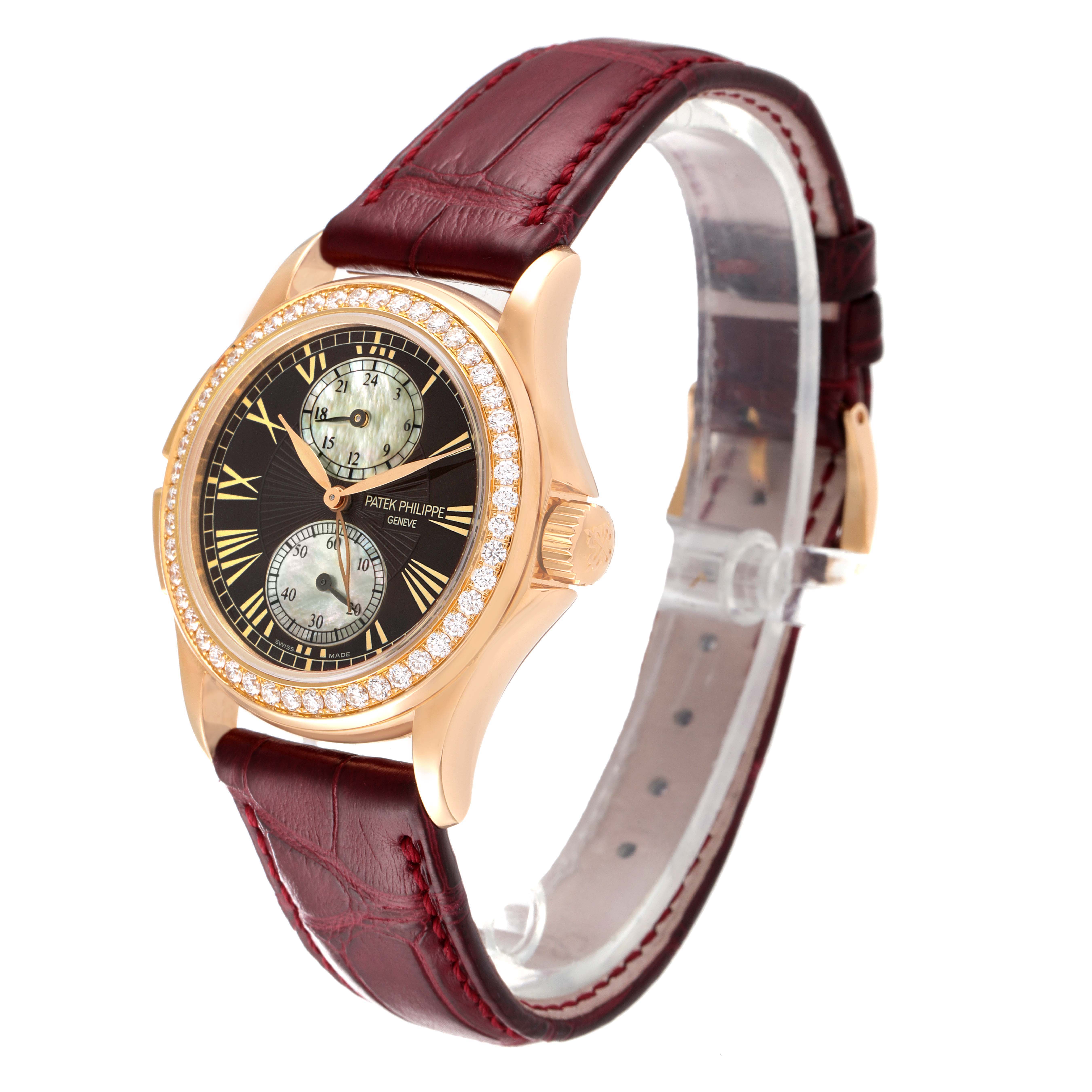 The image shows a Patek Philippe Calatrava 4934R Women's Rose Gold Mother of Pearl Dial 4934R Women's Rose Gold Mother of Pearl Dial watch at a three-quarter angle, highlighting the face, bezel, and leather strap.