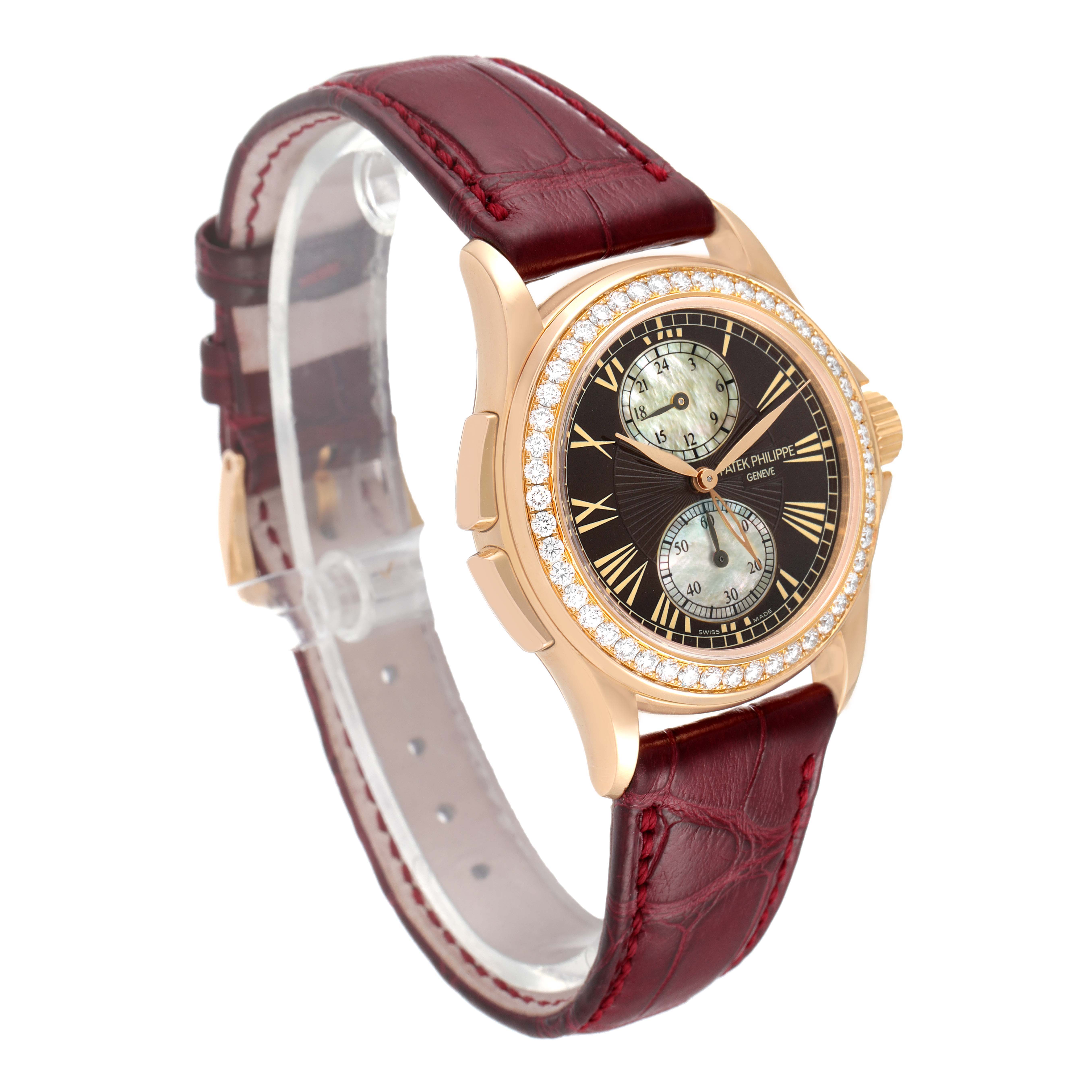 The image shows a Patek Philippe Calatrava 4934R Women's Rose Gold Mother of Pearl Dial 4934R Women's Rose Gold Mother of Pearl Dial watch angled from the front left, highlighting its case, dial, and red leather strap.