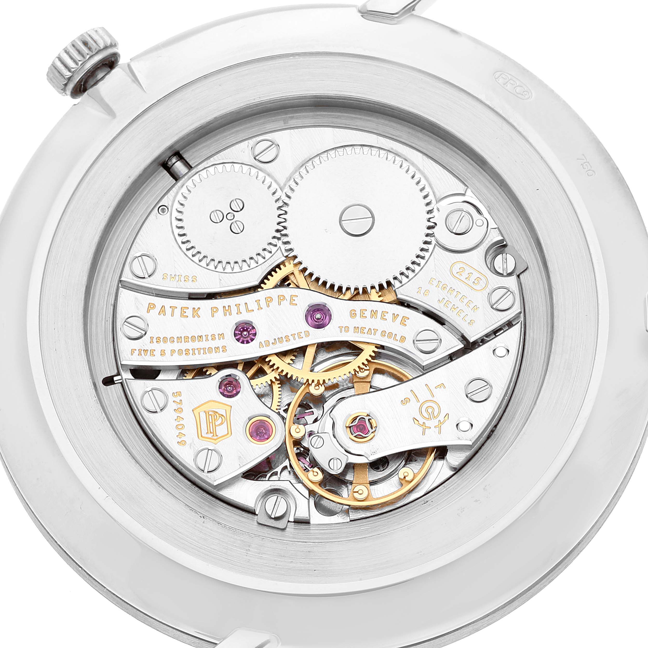 This image shows the back view of a Patek Philippe Calatrava 5119G-001 Men
s White Gold White Dial 5119G-001 Men
s White Gold White Dial watch, highlighting its intricate mechanical movement.