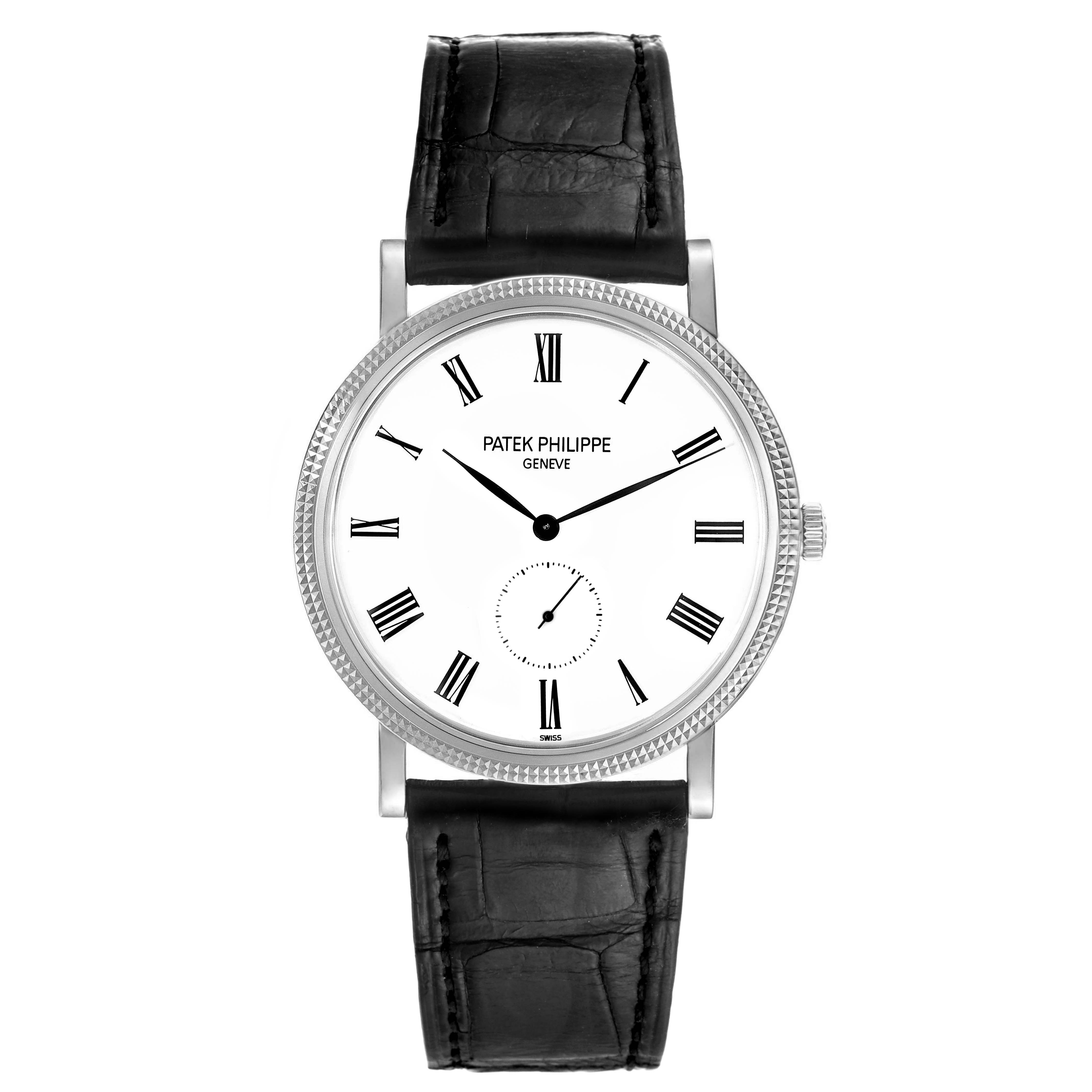 The image shows a front view of a Patek Philippe Calatrava 5119G-001 Men
s White Gold White Dial 5119G-001 Men
s White Gold White Dial watch with a black leather strap and Roman numeral markers.