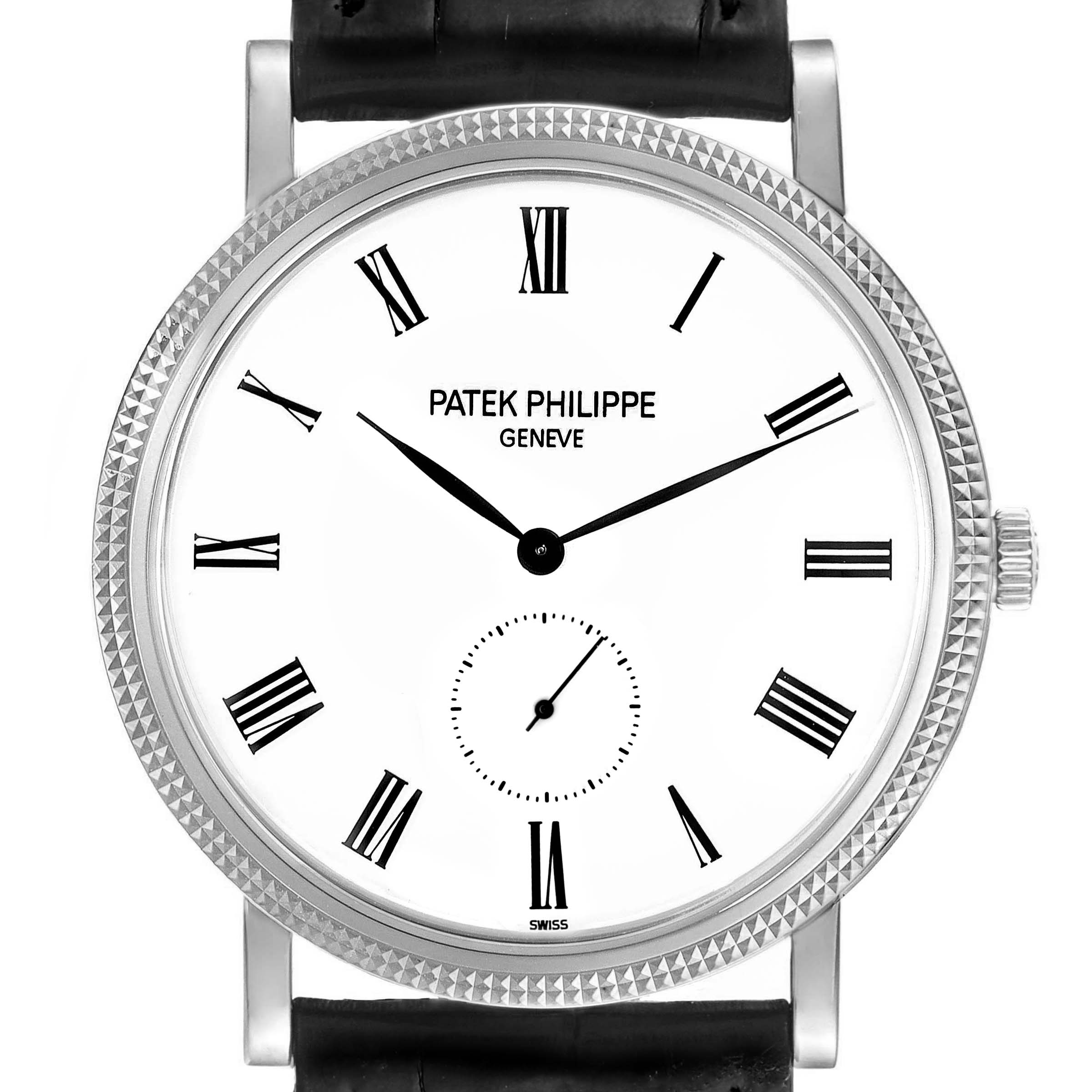 This image shows a close-up, front view of the face and bezel of a Patek Philippe Calatrava 5119G-001 Men
s White Gold White Dial 5119G-001 Men
s White Gold White Dial watch with Roman numerals and a leather strap.