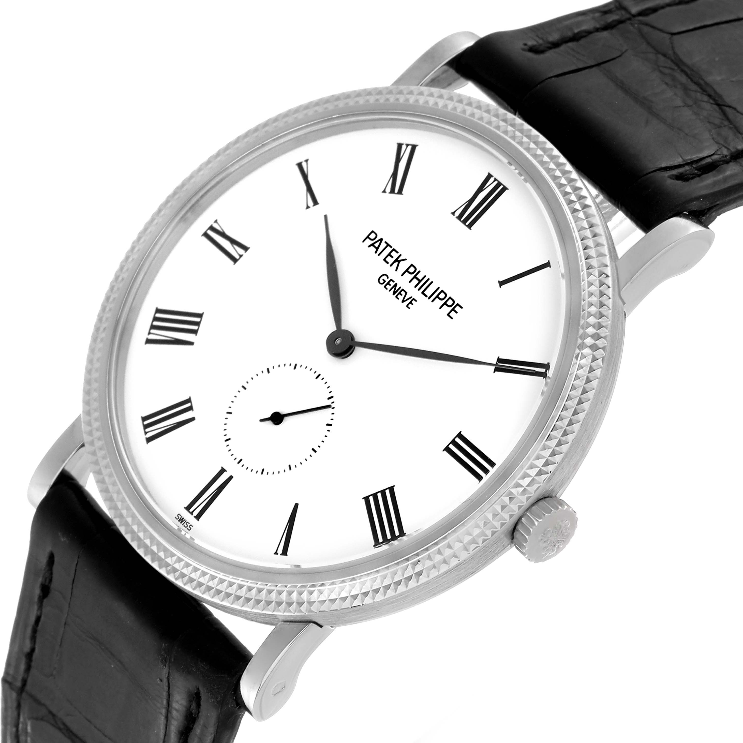 The image shows a close-up, angled view of the face, bezel, and part of the strap of a Patek Philippe Calatrava 5119G-001 Men
s White Gold White Dial 5119G-001 Men
s White Gold White Dial watch.