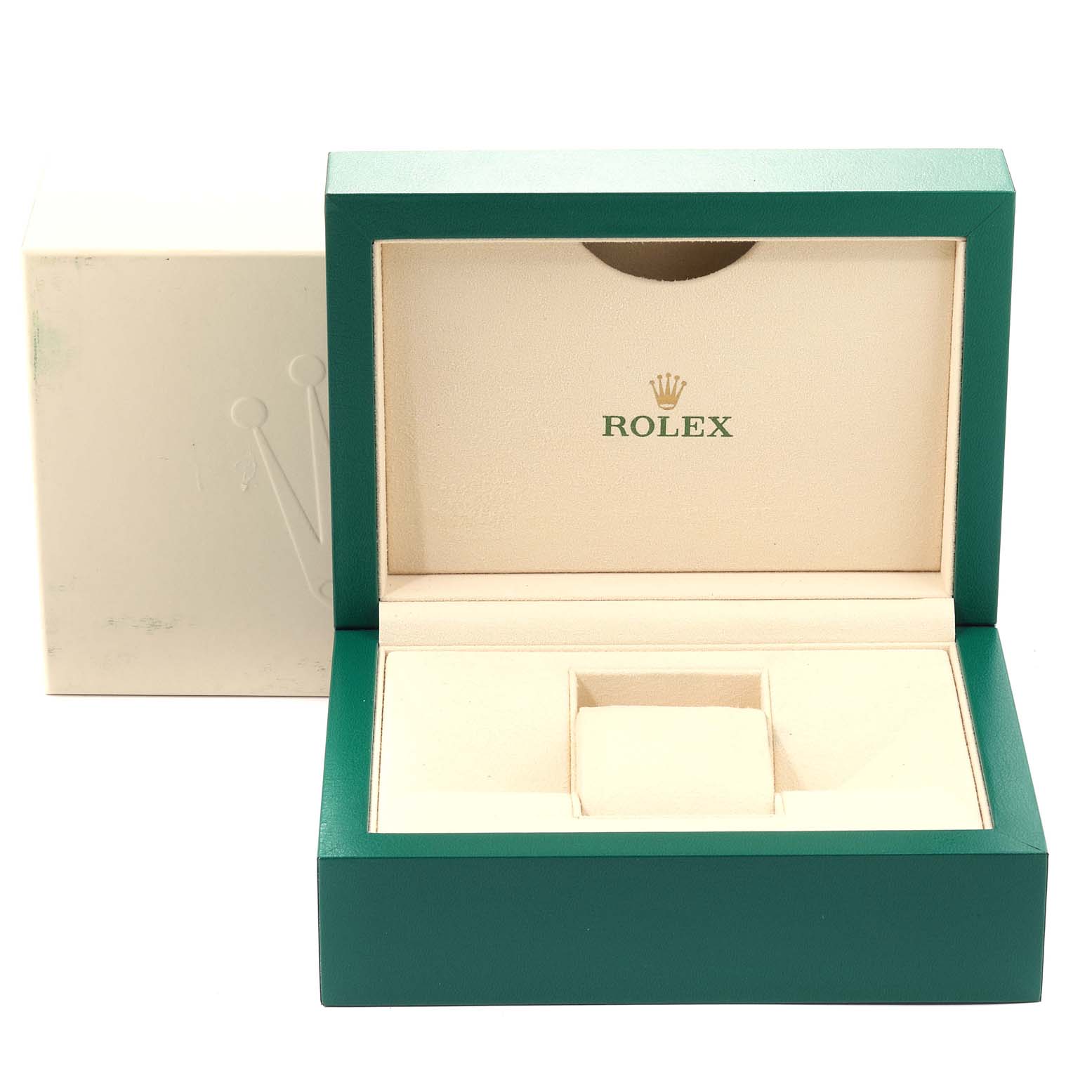 This image shows an open Rolex Daytona 116503 Men
s Steel and Gold (two tone) White Dial 116503 Men
s Steel and Gold (two tone) White Dial watch box with a green exterior and beige interior.